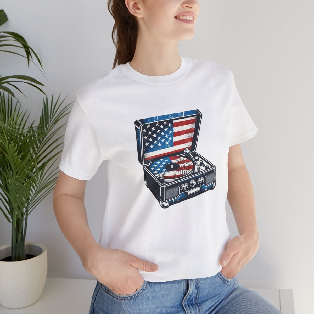 Patriotic Spin Vintage Turntable - Unisex Short Sleeve Tee - AI Tee Hero