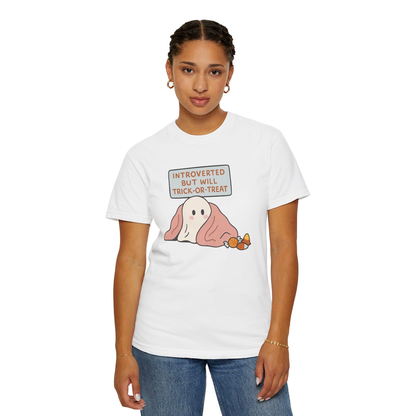 "Introverted But Will Trick or Treat" Unisex Halloween Tee, Funny Trick-or-Treat Shirt, Spooky Season Apparel, Gift for Introverts