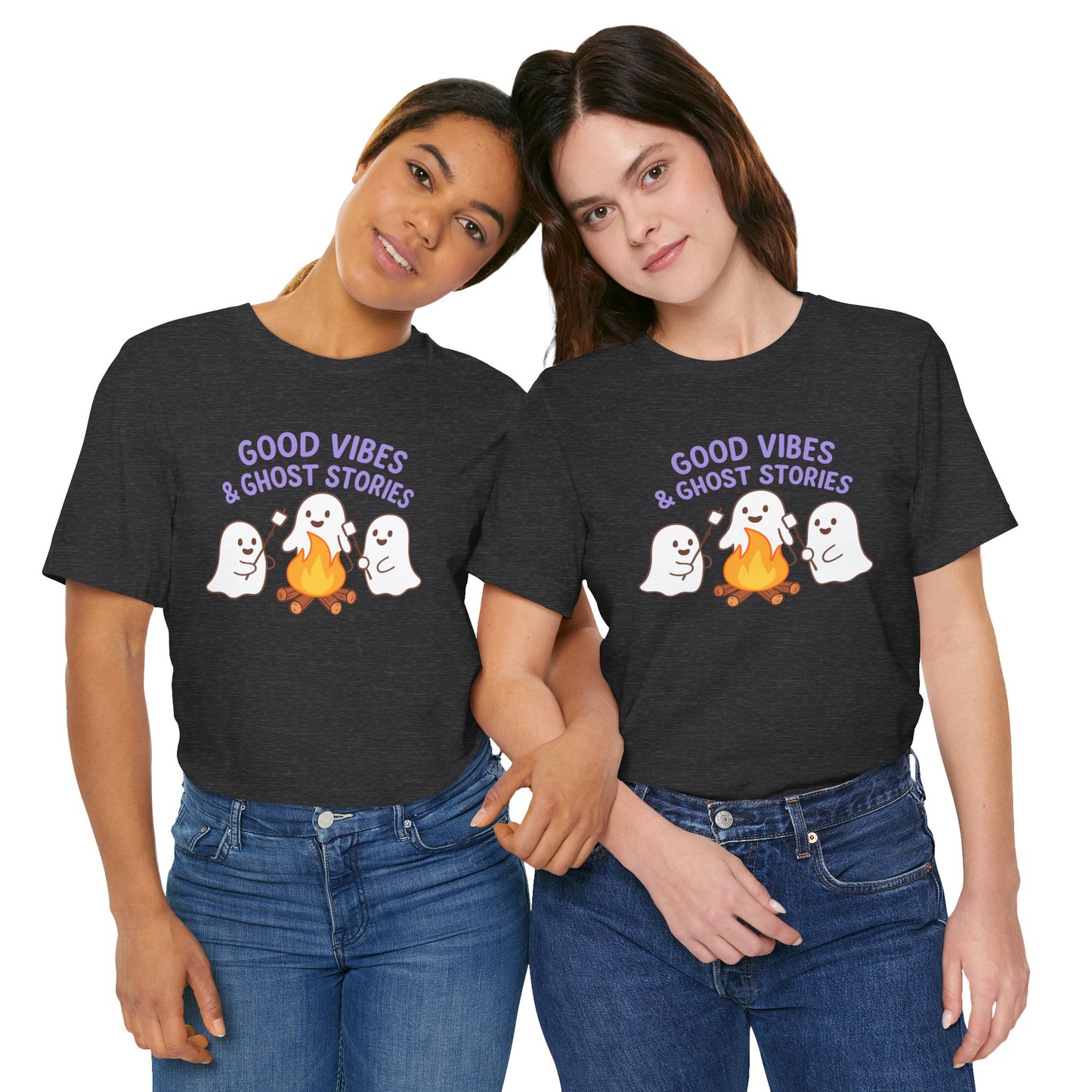 "Good Vibes & Ghost Stories" Unisex Jersey Short Sleeve Shirt for Halloween, Campfire Nights, Cozy Gatherings, Spirit Enthusiasts