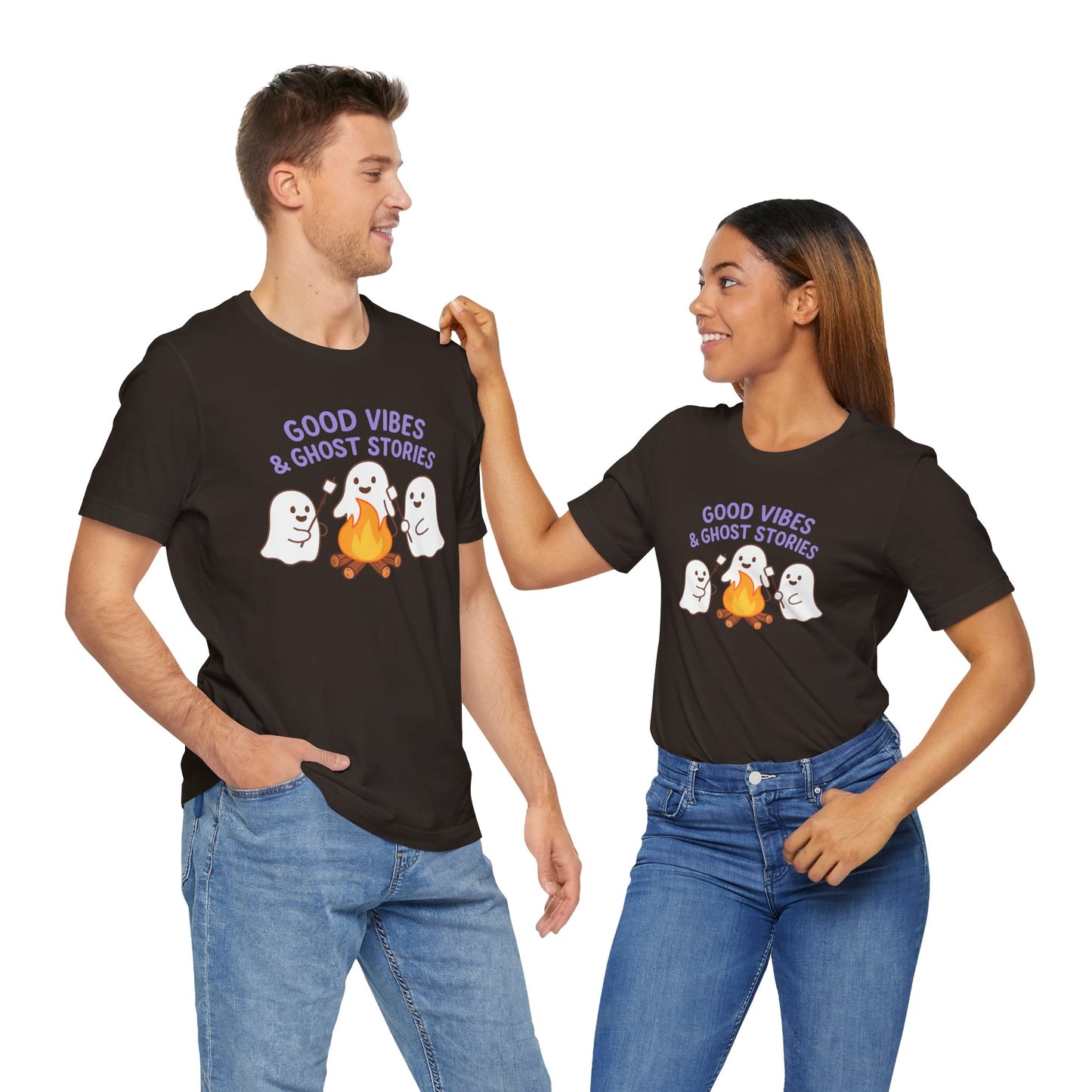 "Good Vibes & Ghost Stories" Unisex Jersey Short Sleeve Shirt for Halloween, Campfire Nights, Cozy Gatherings, Spirit Enthusiasts