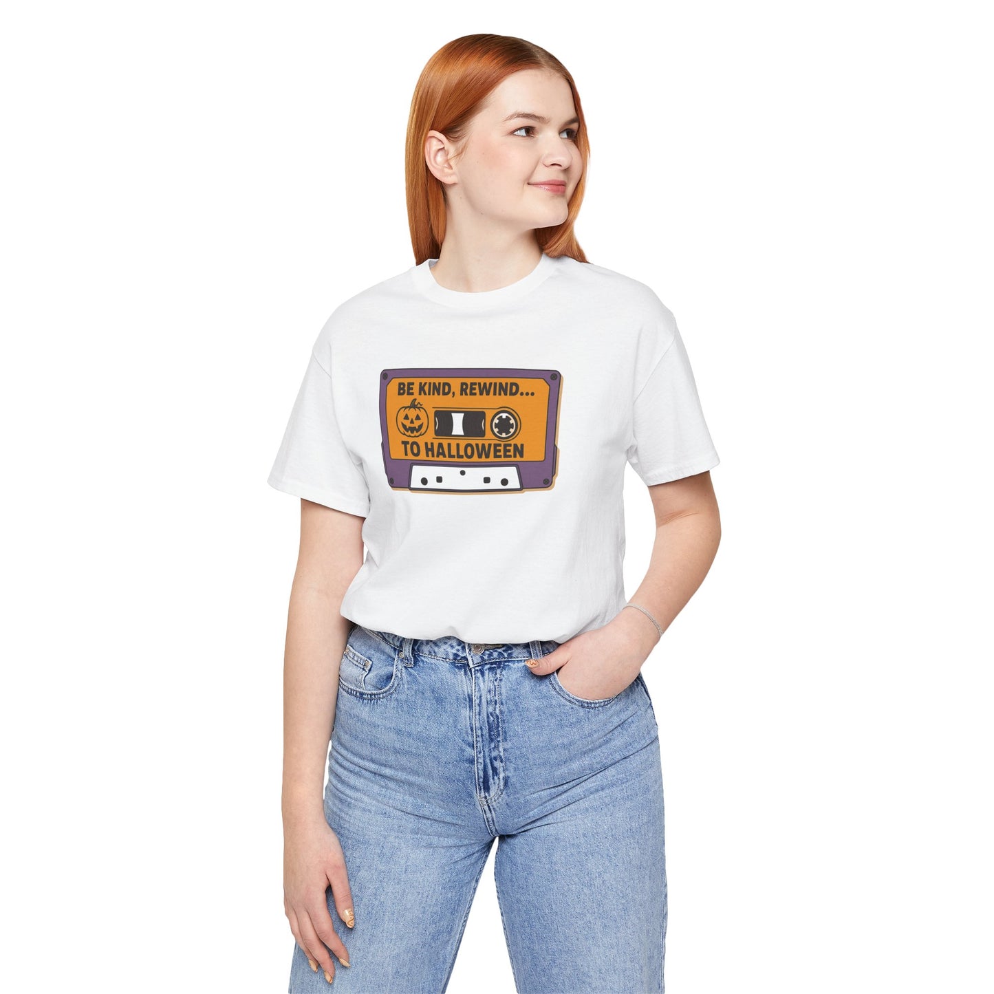 "Be Kind, Rewind to Halloween" T-Shirt, Unisex Casual Wear, Spooky Season Top, Vintage Style Shirt