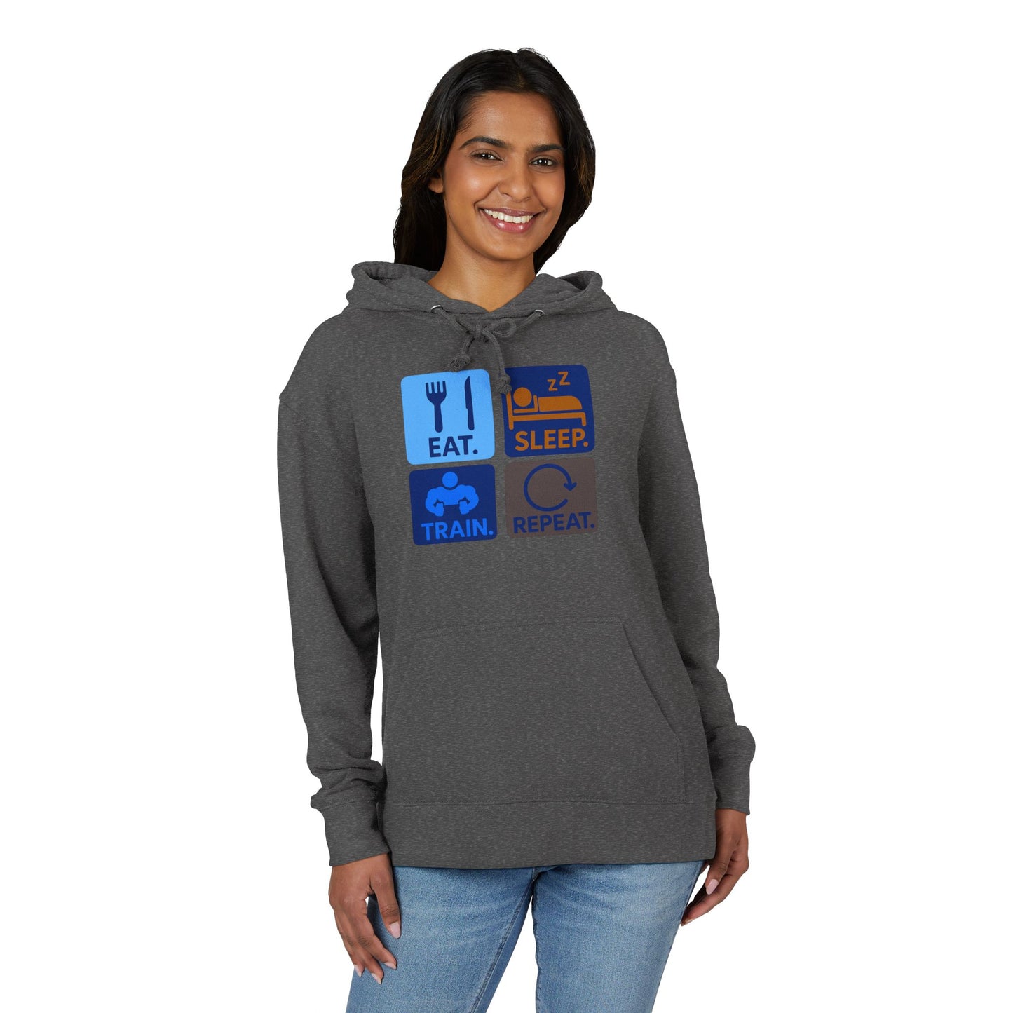 "EAT.SLEEP.TRAIN.REPEAT." Statement Hoodie for Fitness Lovers, Cozy Workout Gear, Athletic Hoodie, Motivational Hoodie, Gym Apparel