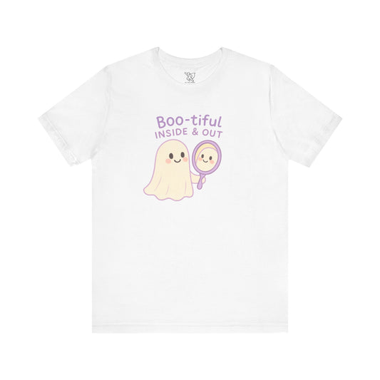"Boo-tiful Inside Out" Ghost Tee, Cute Halloween Shirt, Unisex Short Sleeve T-Shirt, Fall Apparel, Spooky Vibes, Gift for Halloween Lovers