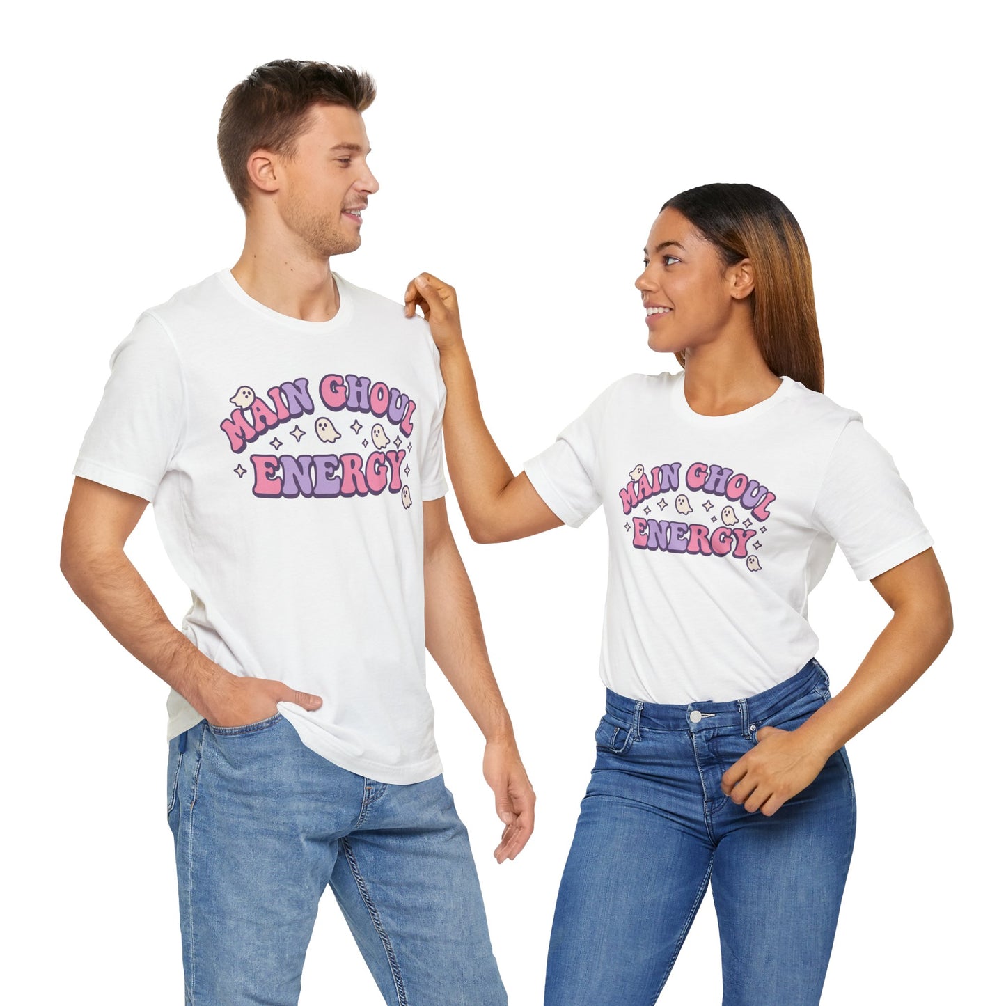 "Main Ghoul Energy" Unisex Short Sleeve T-Shirt, Halloween Party Shirt, Cute Graphic Tee, Gift for Ghost Lovers, Trendy Casual Wear