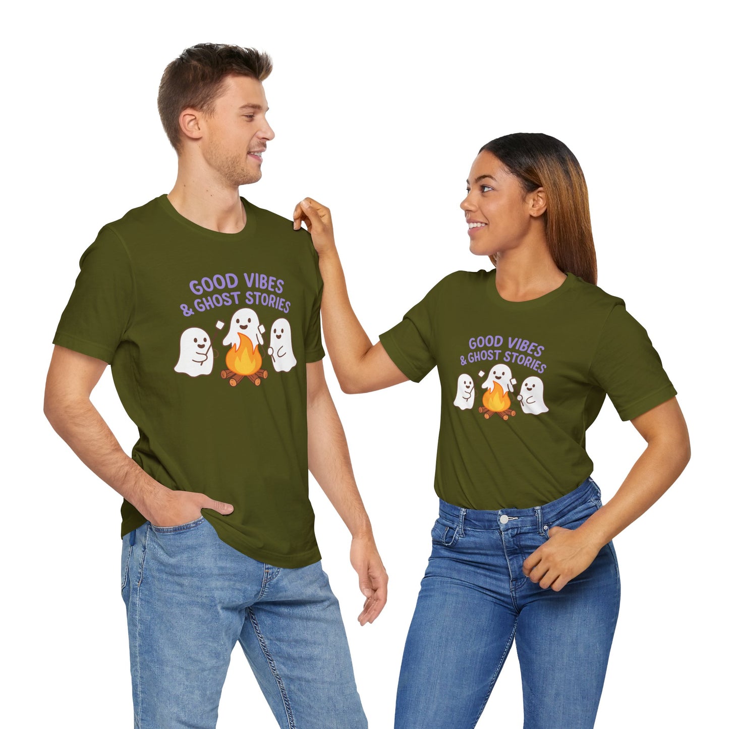 "Good Vibes & Ghost Stories" Unisex Jersey Short Sleeve Shirt for Halloween, Campfire Nights, Cozy Gatherings, Spirit Enthusiasts