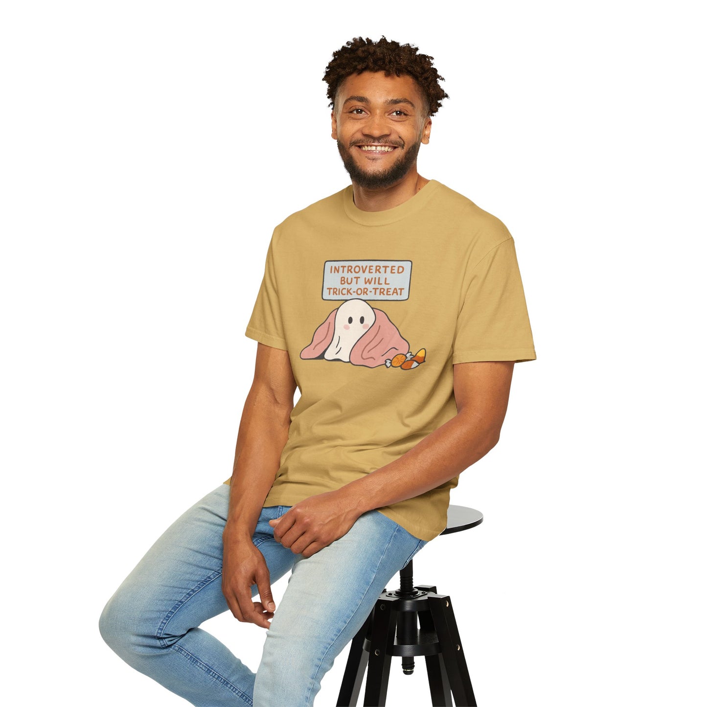 "Introverted But Will Trick or Treat" Unisex Halloween Tee, Funny Trick-or-Treat Shirt, Spooky Season Apparel, Gift for Introverts