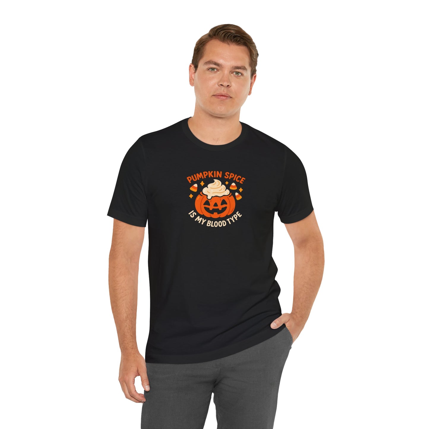 "Pumpkin Spice is My Blood Type" Short Sleeve Tee Fall Fashion, Halloween Shirt, Coffee Lover Gift, Autumn Wardrobe, Seasonal Tee