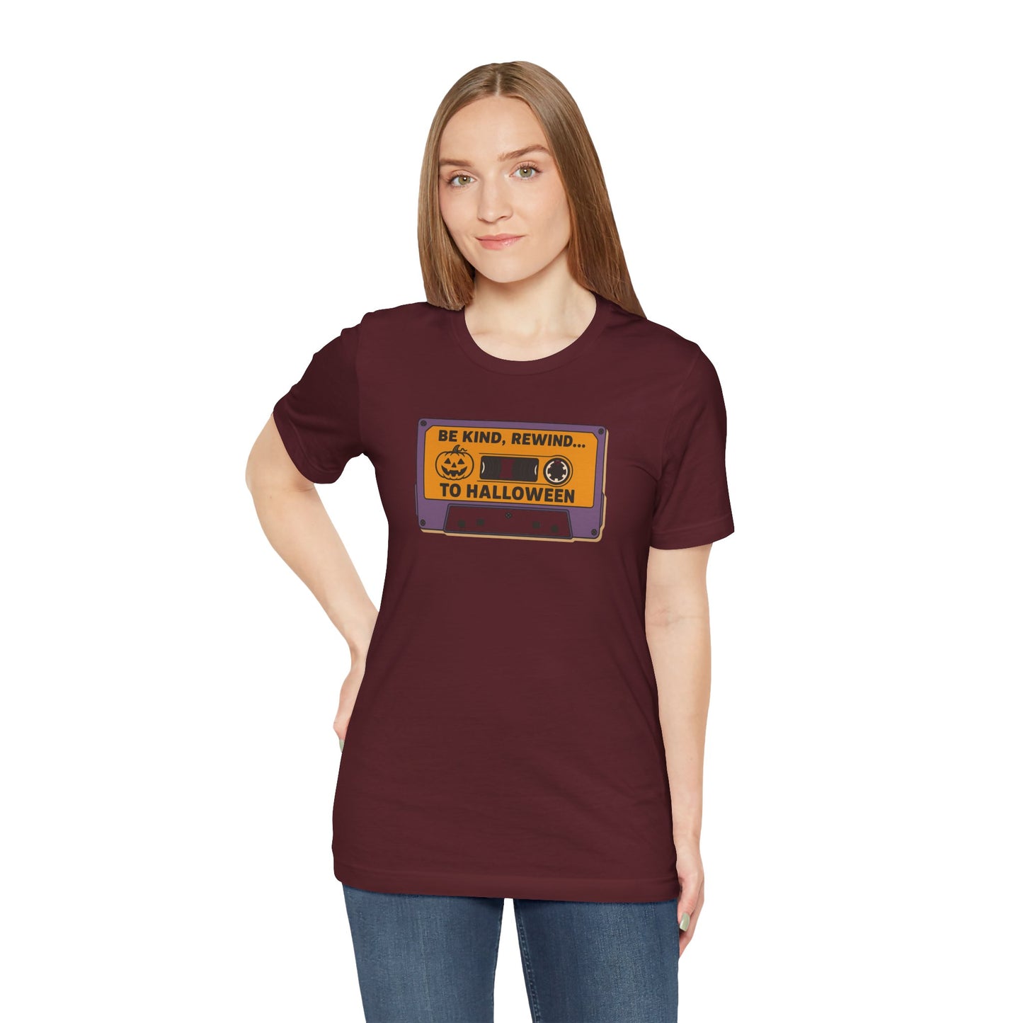 "Be Kind, Rewind to Halloween" T-Shirt, Unisex Casual Wear, Spooky Season Top, Vintage Style Shirt