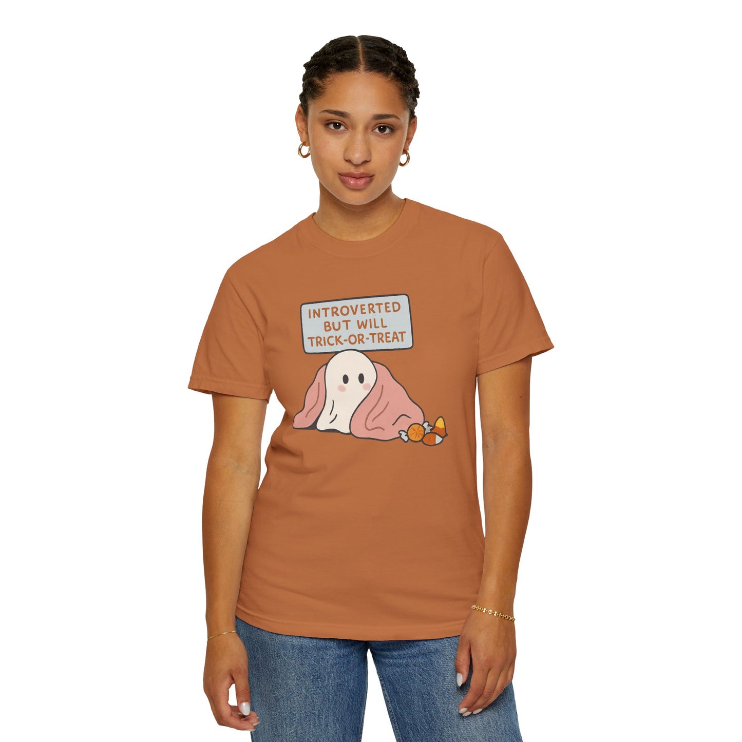 "Introverted But Will Trick or Treat" Unisex Halloween Tee, Funny Trick-or-Treat Shirt, Spooky Season Apparel, Gift for Introverts
