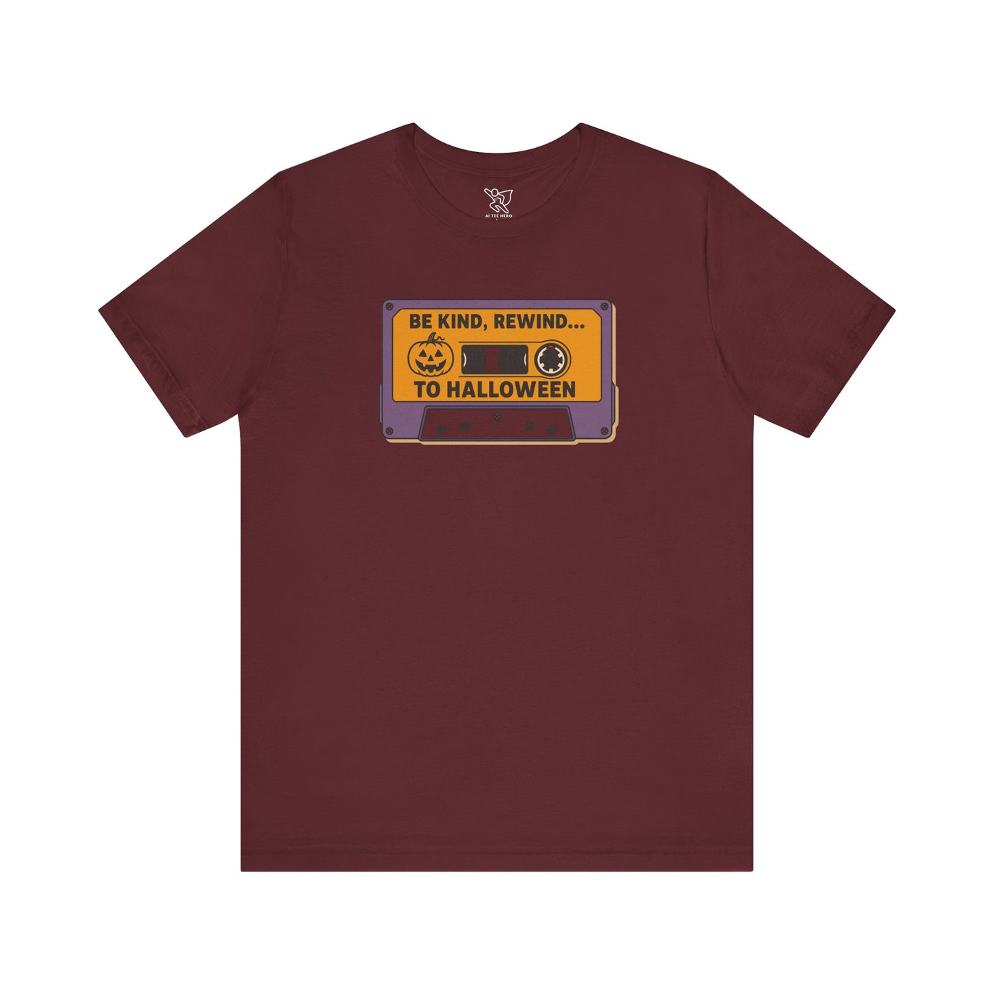 "Be Kind, Rewind to Halloween" T-Shirt, Unisex Casual Wear, Spooky Season Top, Vintage Style Shirt
