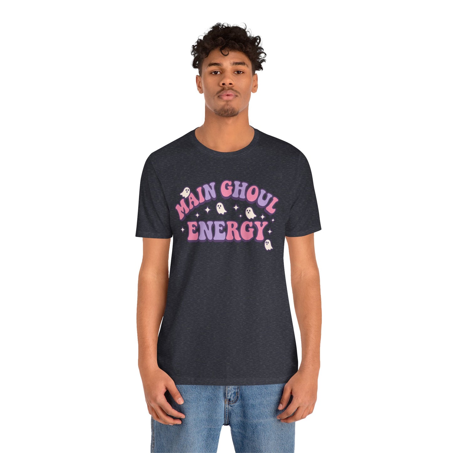 "Main Ghoul Energy" Unisex Short Sleeve T-Shirt, Halloween Party Shirt, Cute Graphic Tee, Gift for Ghost Lovers, Trendy Casual Wear