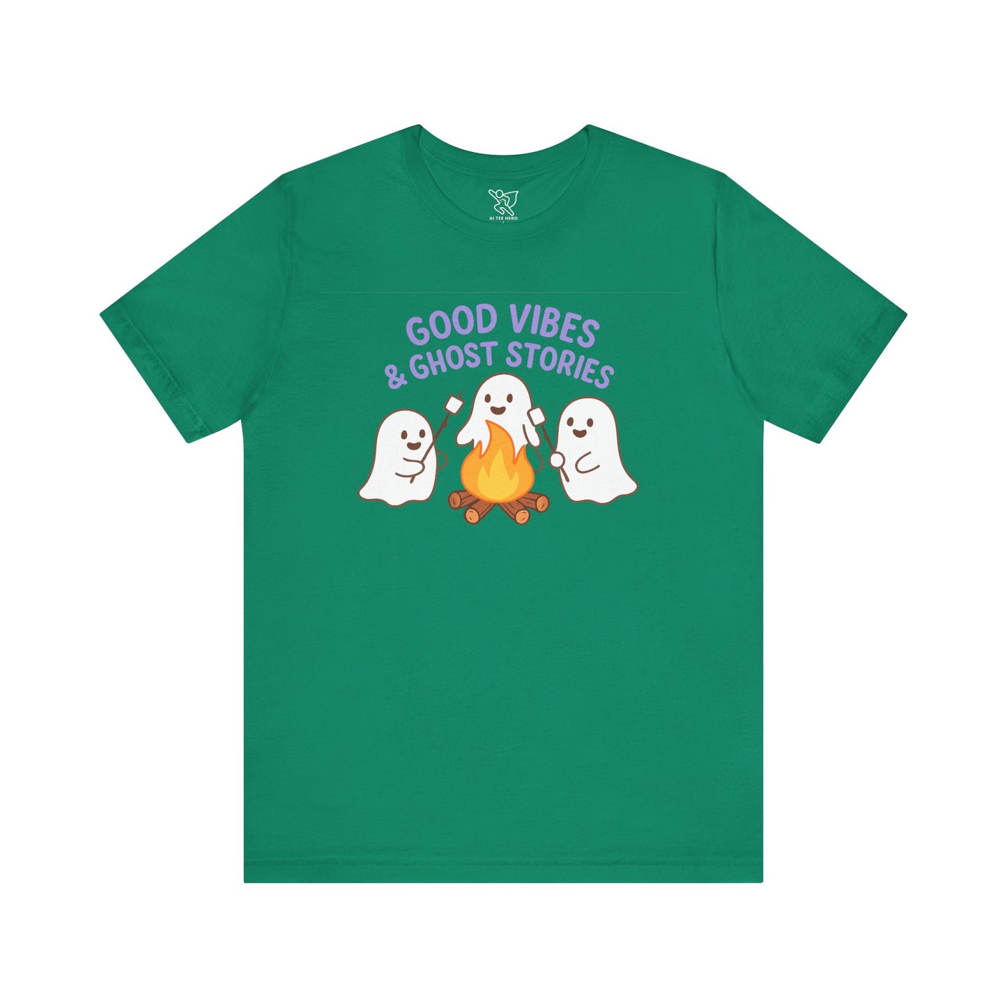 "Good Vibes & Ghost Stories" Unisex Jersey Short Sleeve Shirt for Halloween, Campfire Nights, Cozy Gatherings, Spirit Enthusiasts