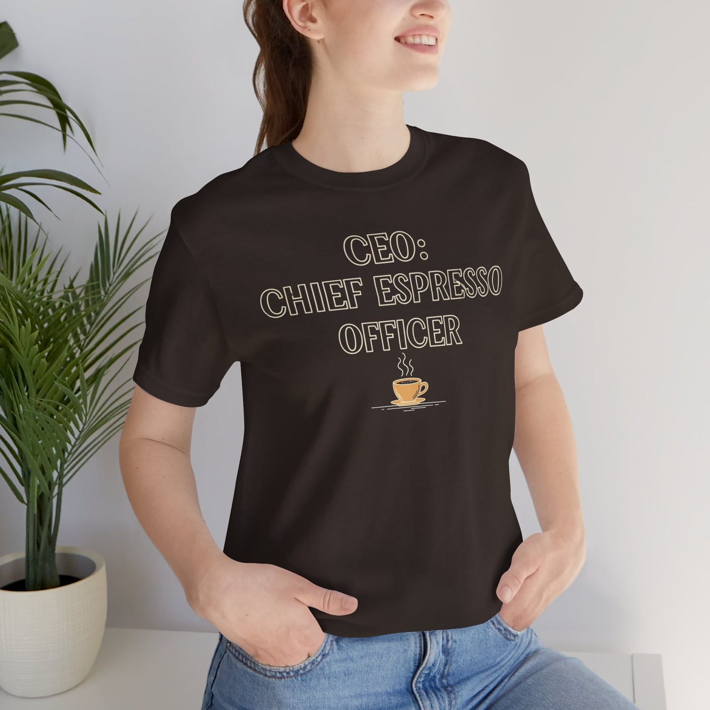"CEO: Chief Espresso Officer" CW-1 Unisex Jersey T-Shirt for Baristas, Funny Coffee Shirt for Gifts, Perfect for Birthdays, Coffee Shop Outfits