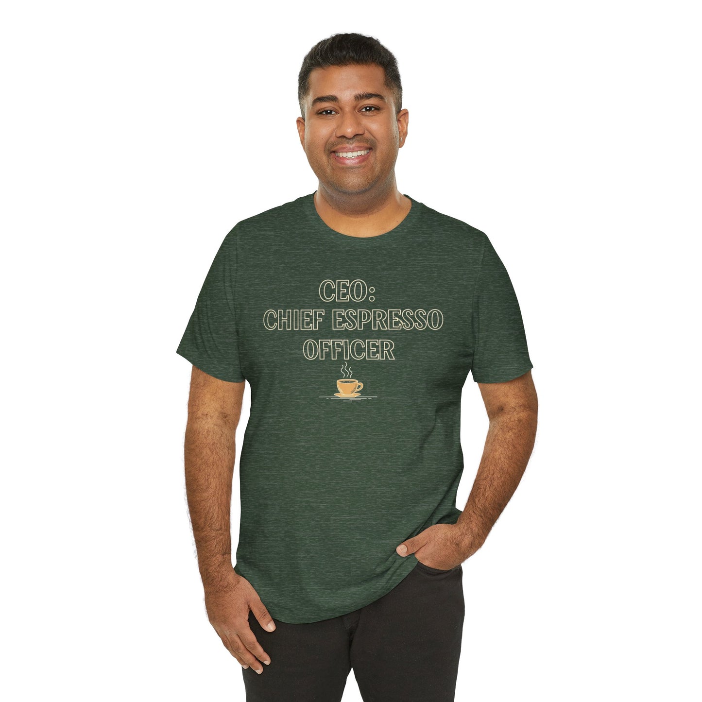 "CEO: Chief Espresso Officer" CW-1 Unisex Jersey T-Shirt for Baristas, Funny Coffee Shirt for Gifts, Perfect for Birthdays, Coffee Shop Outfits