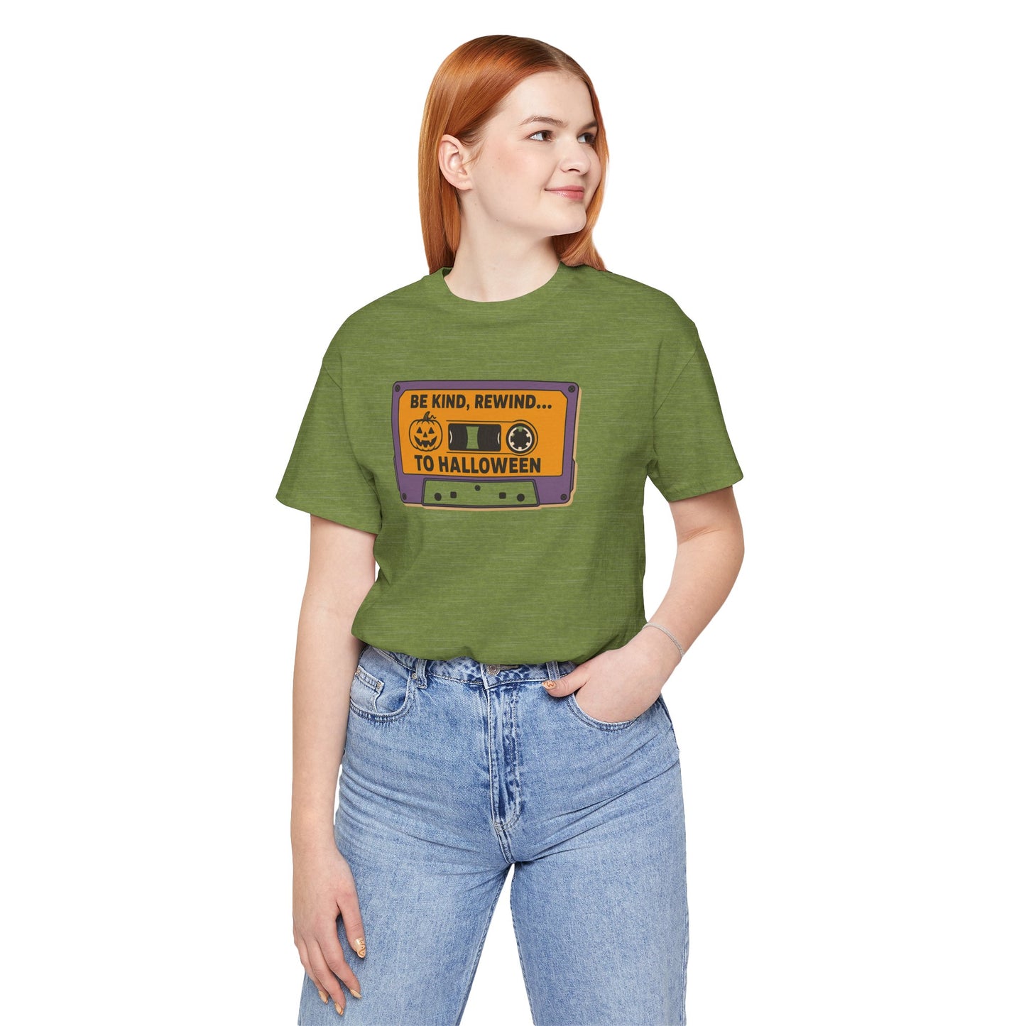 "Be Kind, Rewind to Halloween" T-Shirt, Unisex Casual Wear, Spooky Season Top, Vintage Style Shirt