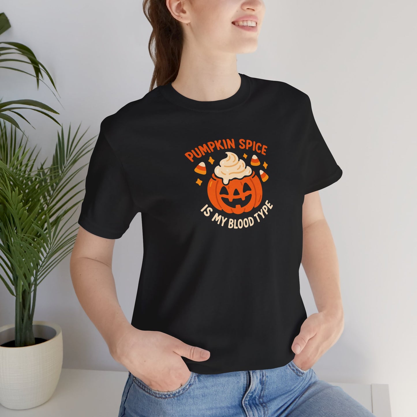 "Pumpkin Spice is My Blood Type" Short Sleeve Tee Fall Fashion, Halloween Shirt, Coffee Lover Gift, Autumn Wardrobe, Seasonal Tee
