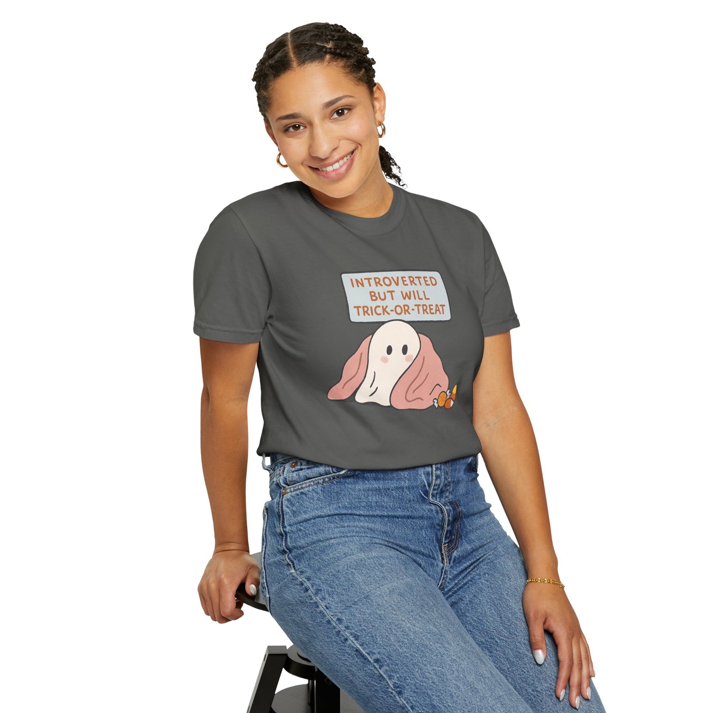 "Introverted But Will Trick or Treat" Unisex Halloween Tee, Funny Trick-or-Treat Shirt, Spooky Season Apparel, Gift for Introverts