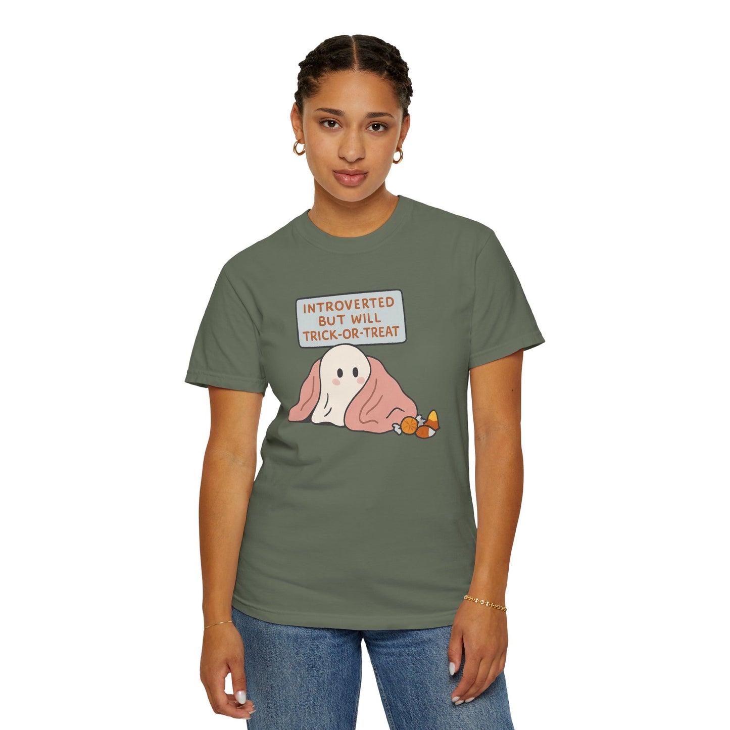 "Introverted But Will Trick or Treat" Unisex Halloween Tee, Funny Trick-or-Treat Shirt, Spooky Season Apparel, Gift for Introverts