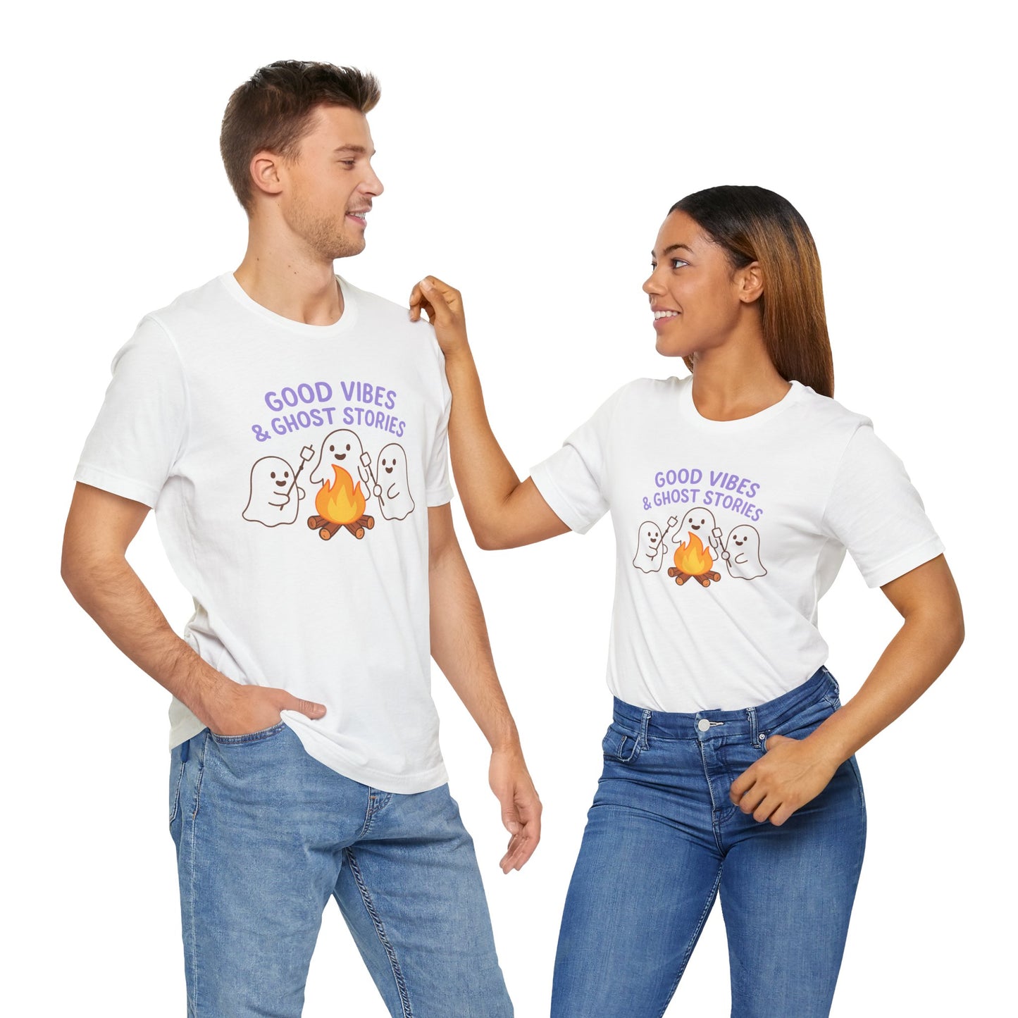 "Good Vibes & Ghost Stories" Unisex Jersey Short Sleeve Shirt for Halloween, Campfire Nights, Cozy Gatherings, Spirit Enthusiasts