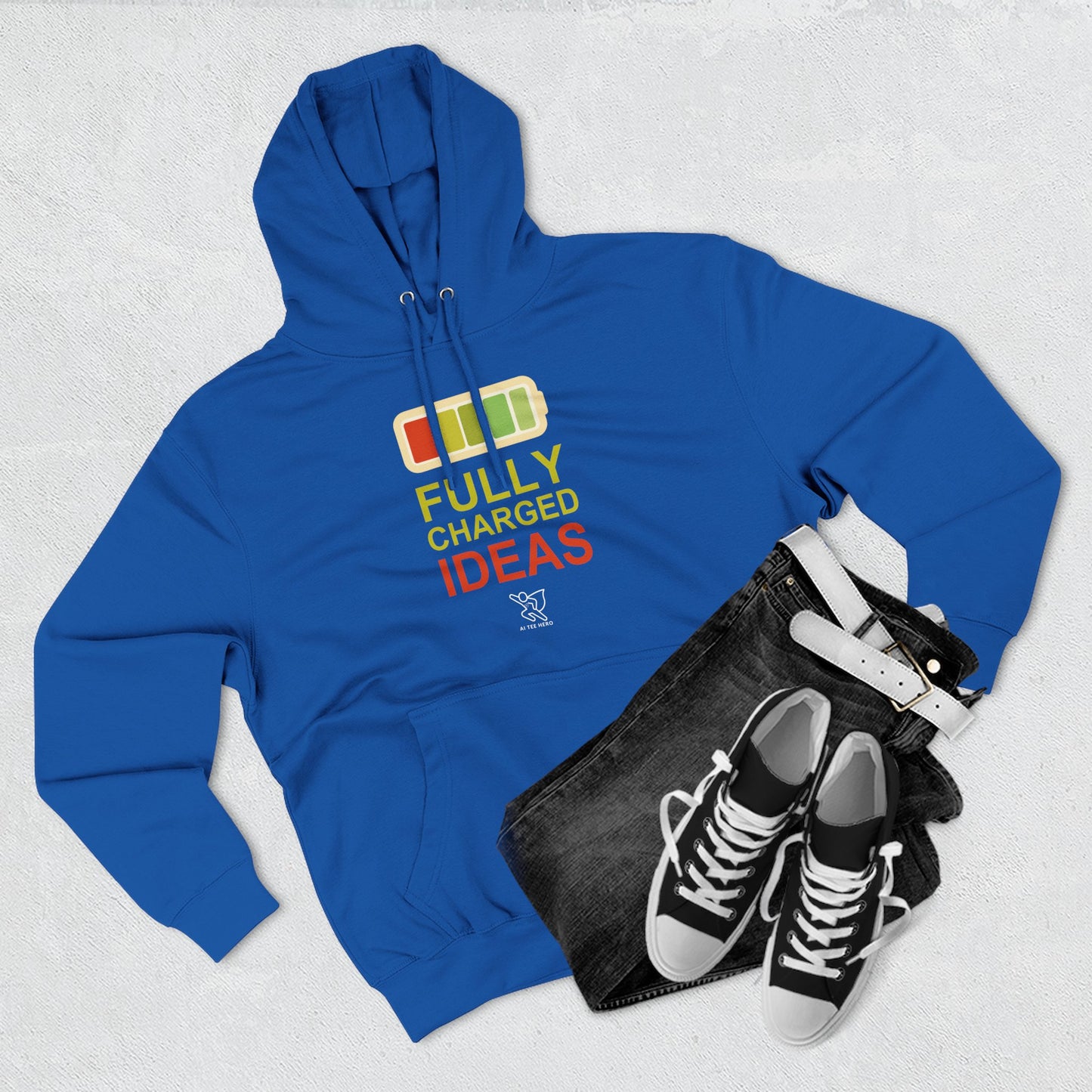 "Fully Charged Ideas" Motivational Fleece Sweatshirt, Cozy Gift for Creatives, Perfect for Inspiration, Fun Wear for All Occasions