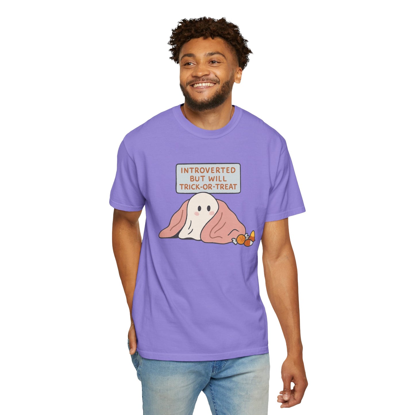 "Introverted But Will Trick or Treat" Unisex Halloween Tee, Funny Trick-or-Treat Shirt, Spooky Season Apparel, Gift for Introverts