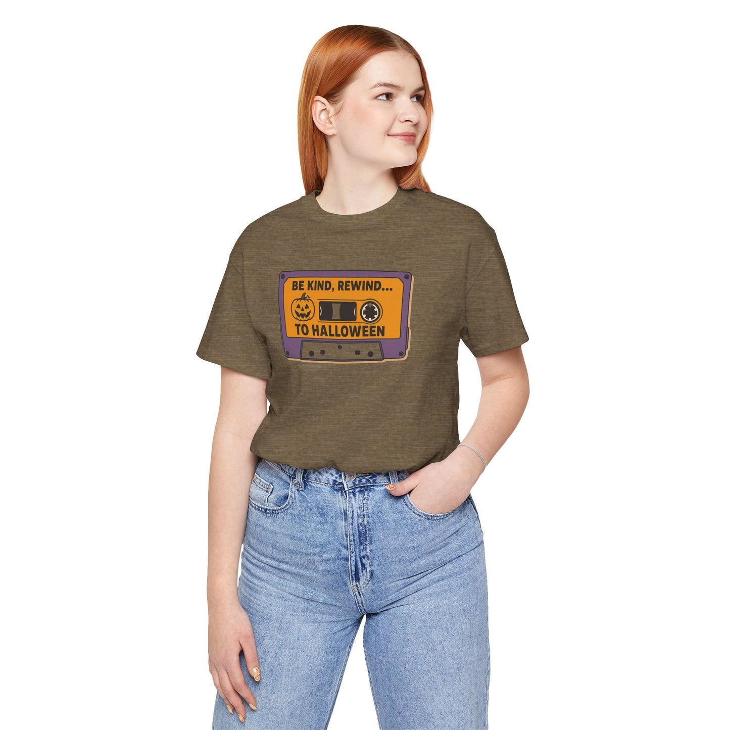 "Be Kind, Rewind to Halloween" T-Shirt, Unisex Casual Wear, Spooky Season Top, Vintage Style Shirt