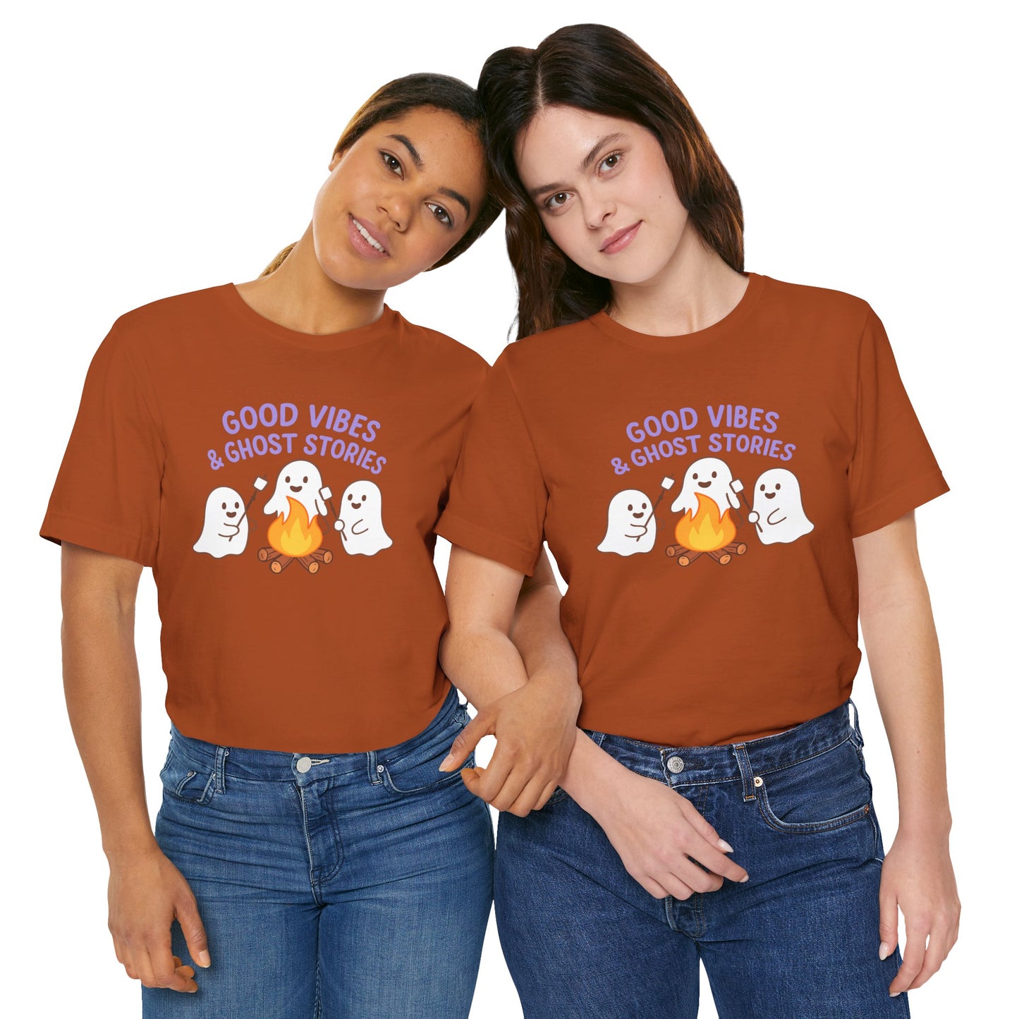 "Good Vibes & Ghost Stories" Unisex Jersey Short Sleeve Shirt for Halloween, Campfire Nights, Cozy Gatherings, Spirit Enthusiasts