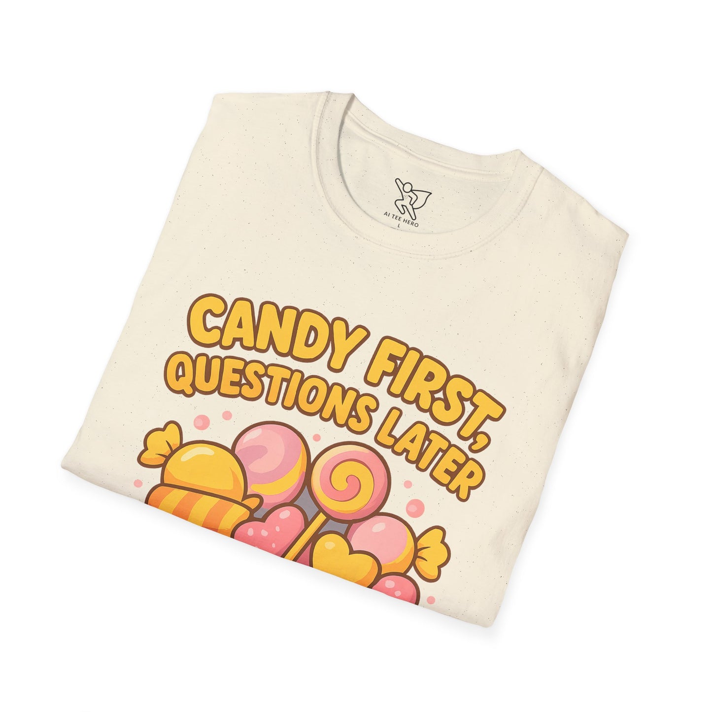 "Candy First, Questions Later" Unisex T-Shirt - Playful Graphic Tee, Fun Gift for Candy Lovers, Perfect for Parties, Quirky Fashion