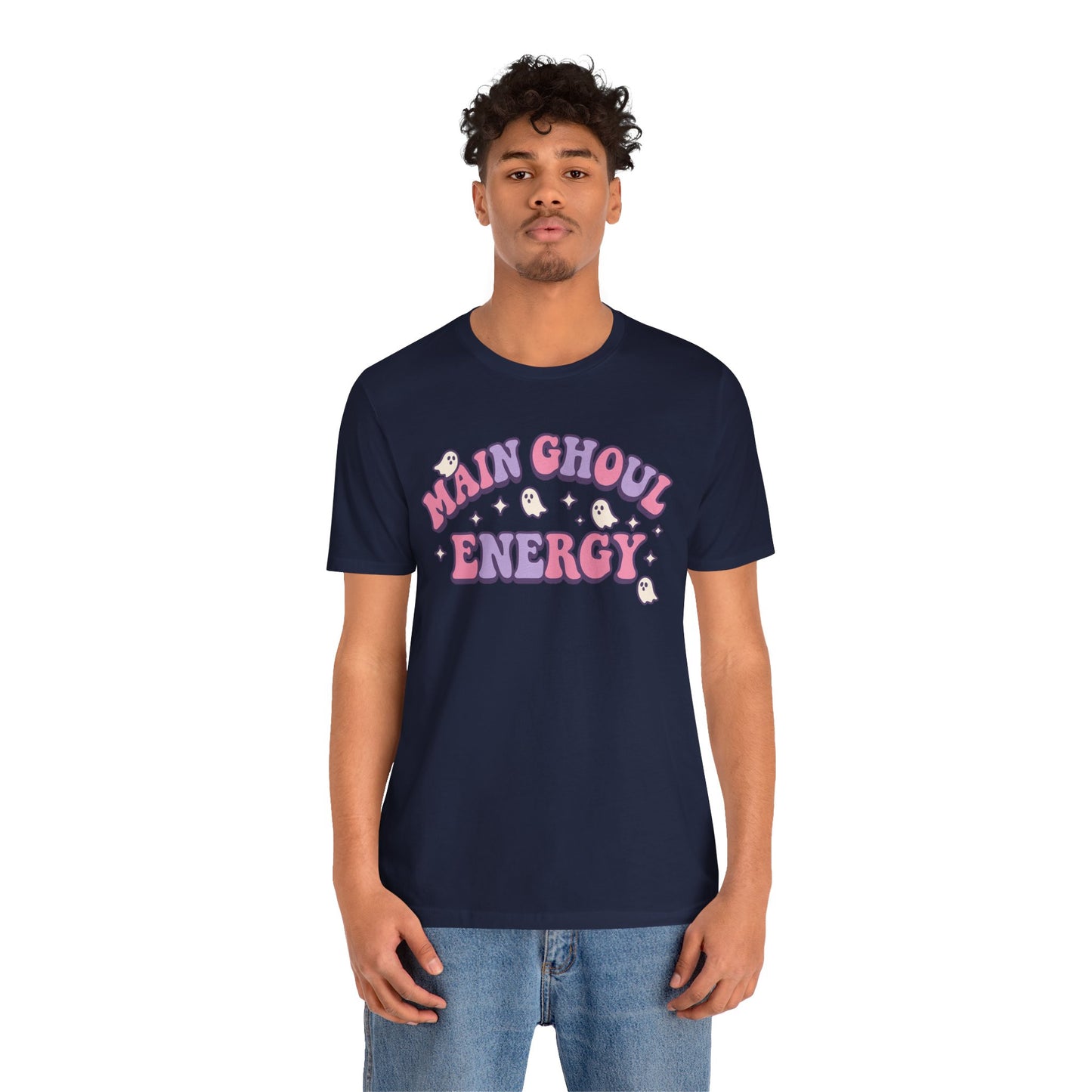 "Main Ghoul Energy" Unisex Short Sleeve T-Shirt, Halloween Party Shirt, Cute Graphic Tee, Gift for Ghost Lovers, Trendy Casual Wear