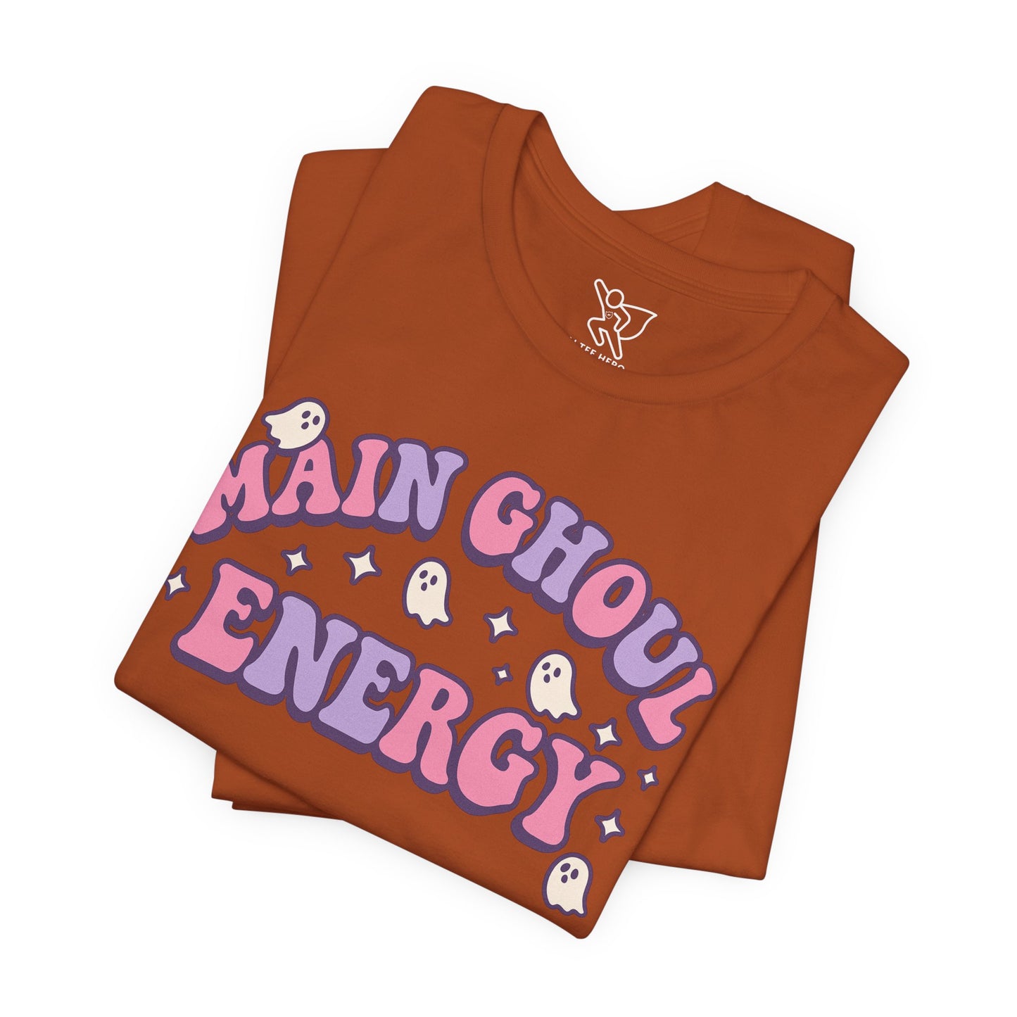 "Main Ghoul Energy" Unisex Short Sleeve T-Shirt, Halloween Party Shirt, Cute Graphic Tee, Gift for Ghost Lovers, Trendy Casual Wear