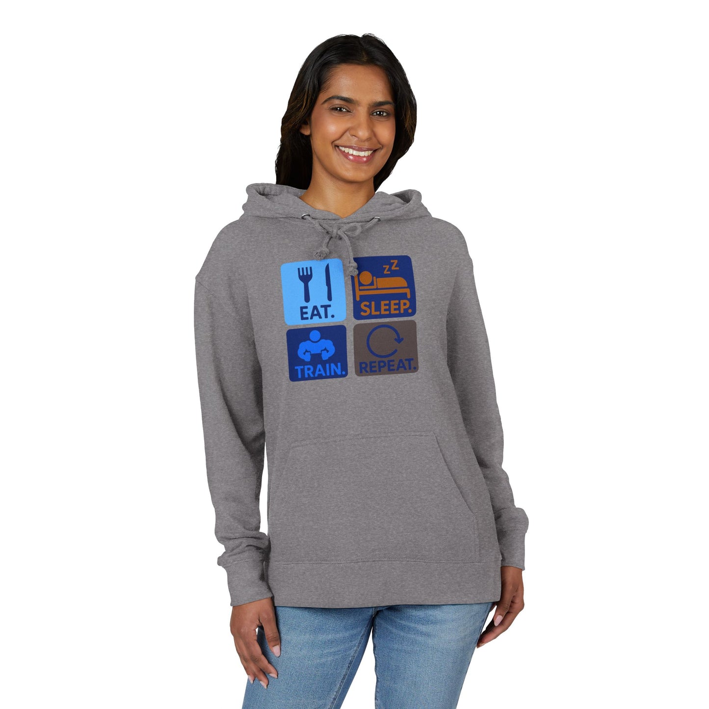 "EAT.SLEEP.TRAIN.REPEAT." Statement Hoodie for Fitness Lovers, Cozy Workout Gear, Athletic Hoodie, Motivational Hoodie, Gym Apparel