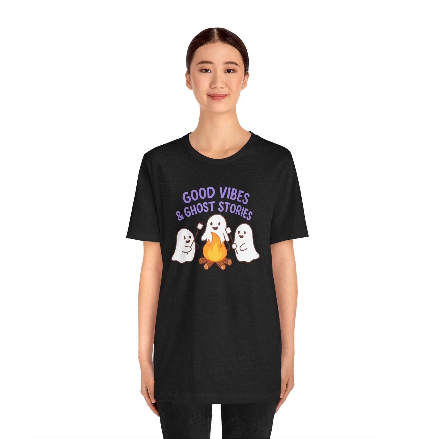 "Good Vibes & Ghost Stories" Unisex Jersey Short Sleeve Shirt for Halloween, Campfire Nights, Cozy Gatherings, Spirit Enthusiasts