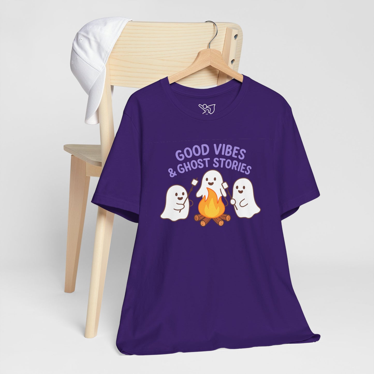 "Good Vibes & Ghost Stories" Unisex Jersey Short Sleeve Shirt for Halloween, Campfire Nights, Cozy Gatherings, Spirit Enthusiasts