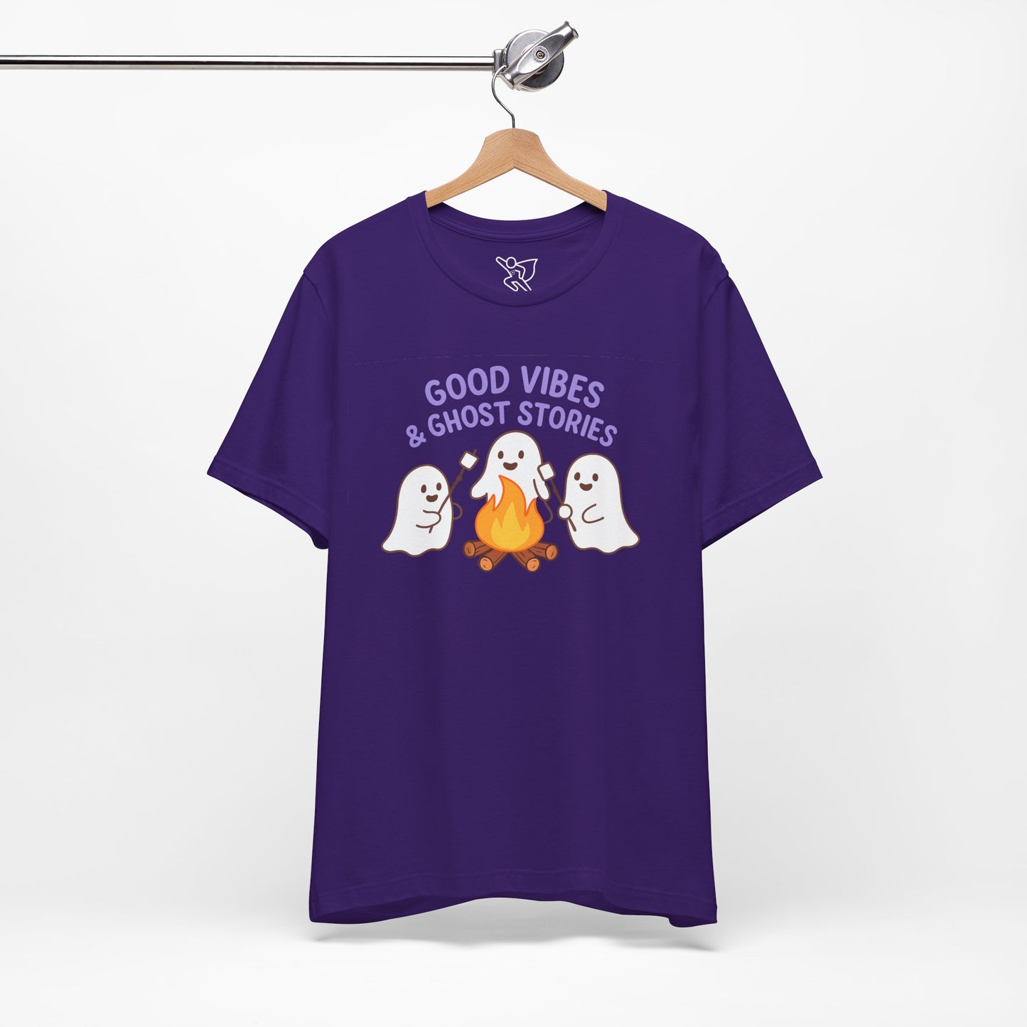 "Good Vibes & Ghost Stories" Unisex Jersey Short Sleeve Shirt for Halloween, Campfire Nights, Cozy Gatherings, Spirit Enthusiasts