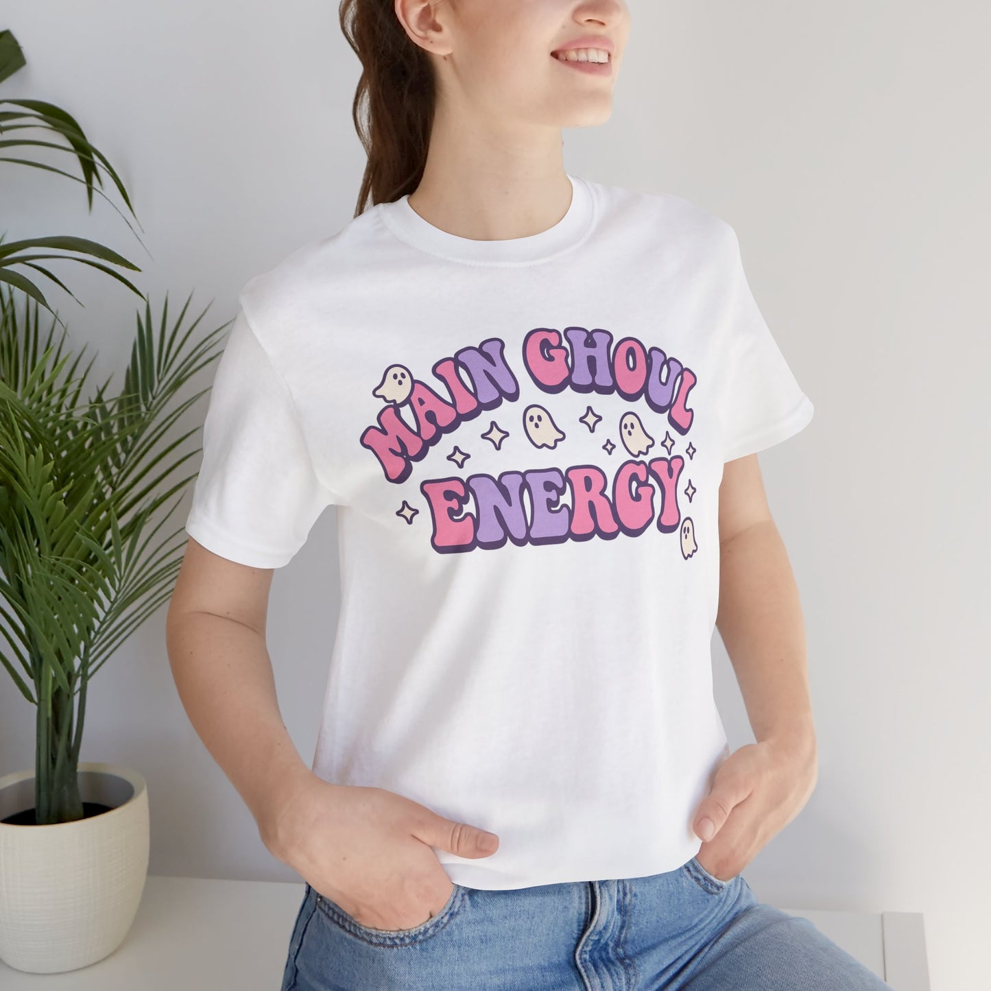 "Main Ghoul Energy" Unisex Short Sleeve T-Shirt, Halloween Party Shirt, Cute Graphic Tee, Gift for Ghost Lovers, Trendy Casual Wear