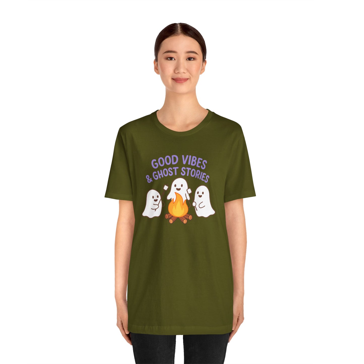 "Good Vibes & Ghost Stories" Unisex Jersey Short Sleeve Shirt for Halloween, Campfire Nights, Cozy Gatherings, Spirit Enthusiasts