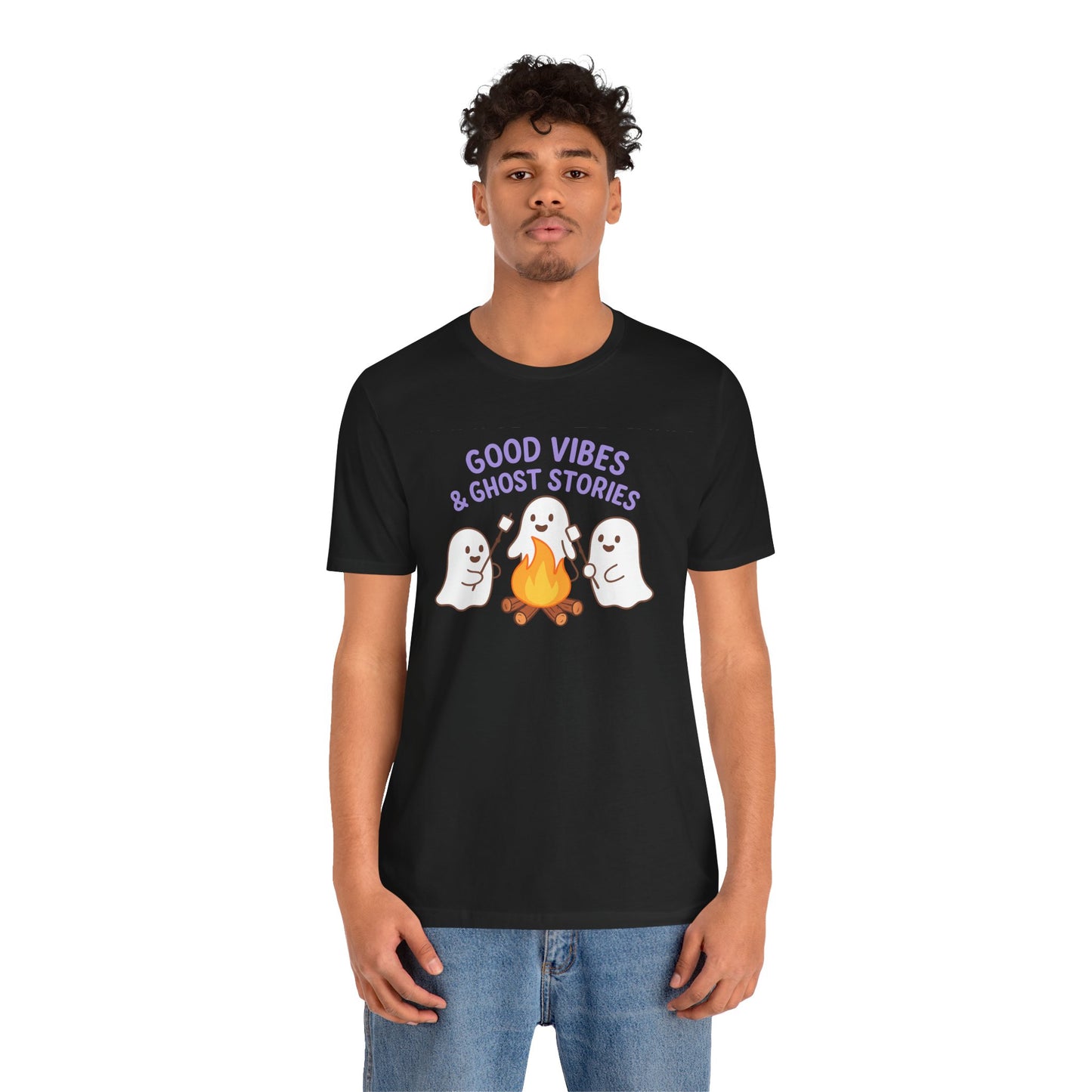 "Good Vibes & Ghost Stories" Unisex Jersey Short Sleeve Shirt for Halloween, Campfire Nights, Cozy Gatherings, Spirit Enthusiasts