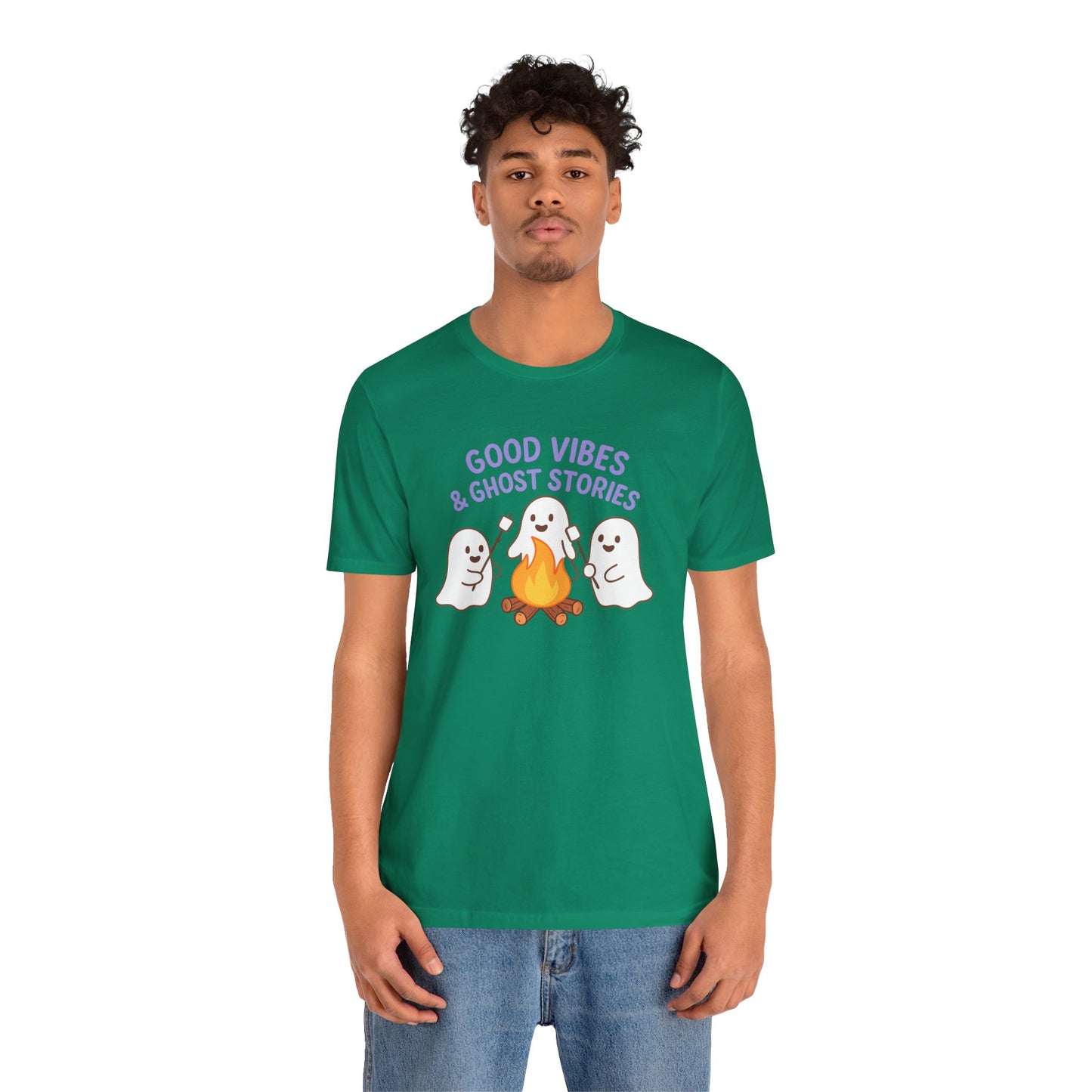 "Good Vibes & Ghost Stories" Unisex Jersey Short Sleeve Shirt for Halloween, Campfire Nights, Cozy Gatherings, Spirit Enthusiasts