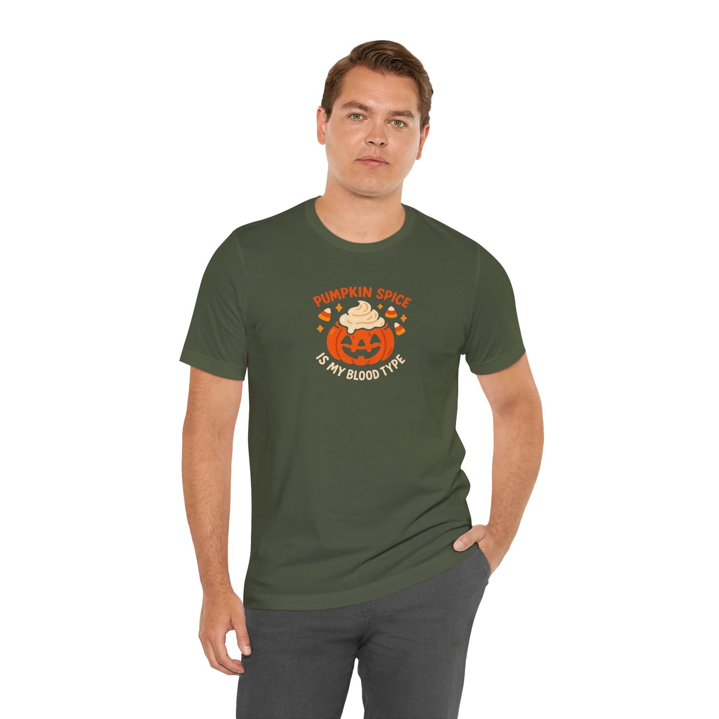 "Pumpkin Spice is My Blood Type" Short Sleeve Tee Fall Fashion, Halloween Shirt, Coffee Lover Gift, Autumn Wardrobe, Seasonal Tee
