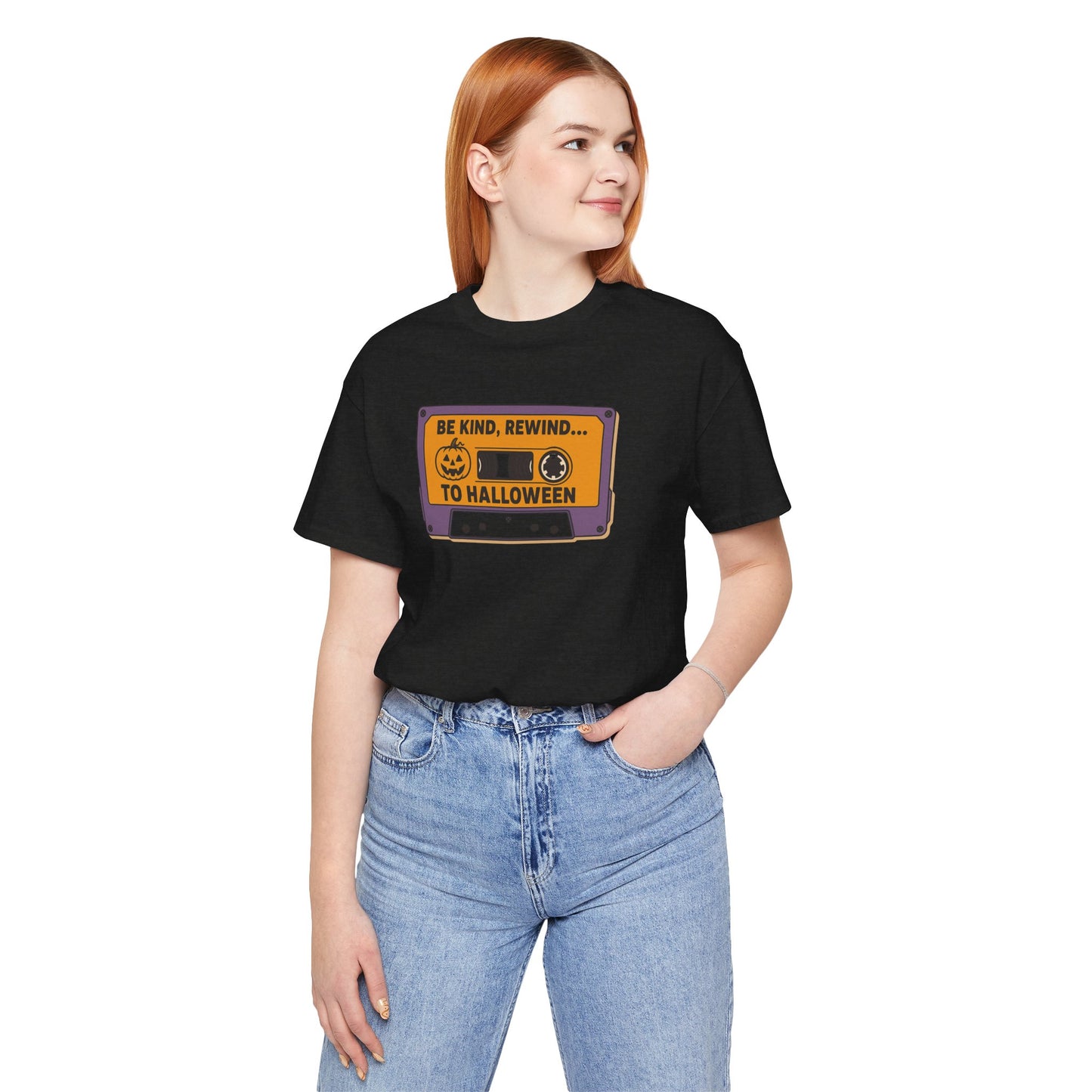 "Be Kind, Rewind to Halloween" T-Shirt, Unisex Casual Wear, Spooky Season Top, Vintage Style Shirt