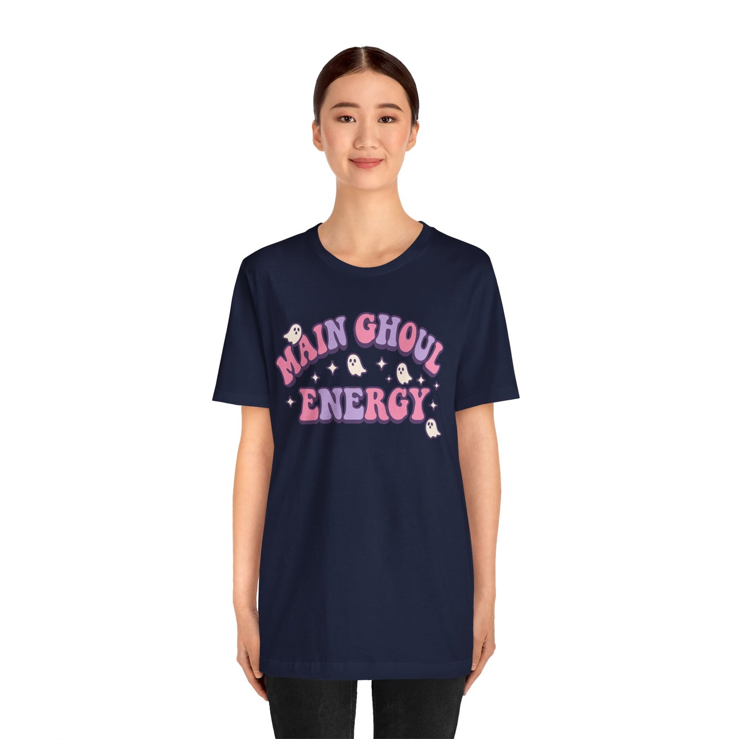 "Main Ghoul Energy" Unisex Short Sleeve T-Shirt, Halloween Party Shirt, Cute Graphic Tee, Gift for Ghost Lovers, Trendy Casual Wear