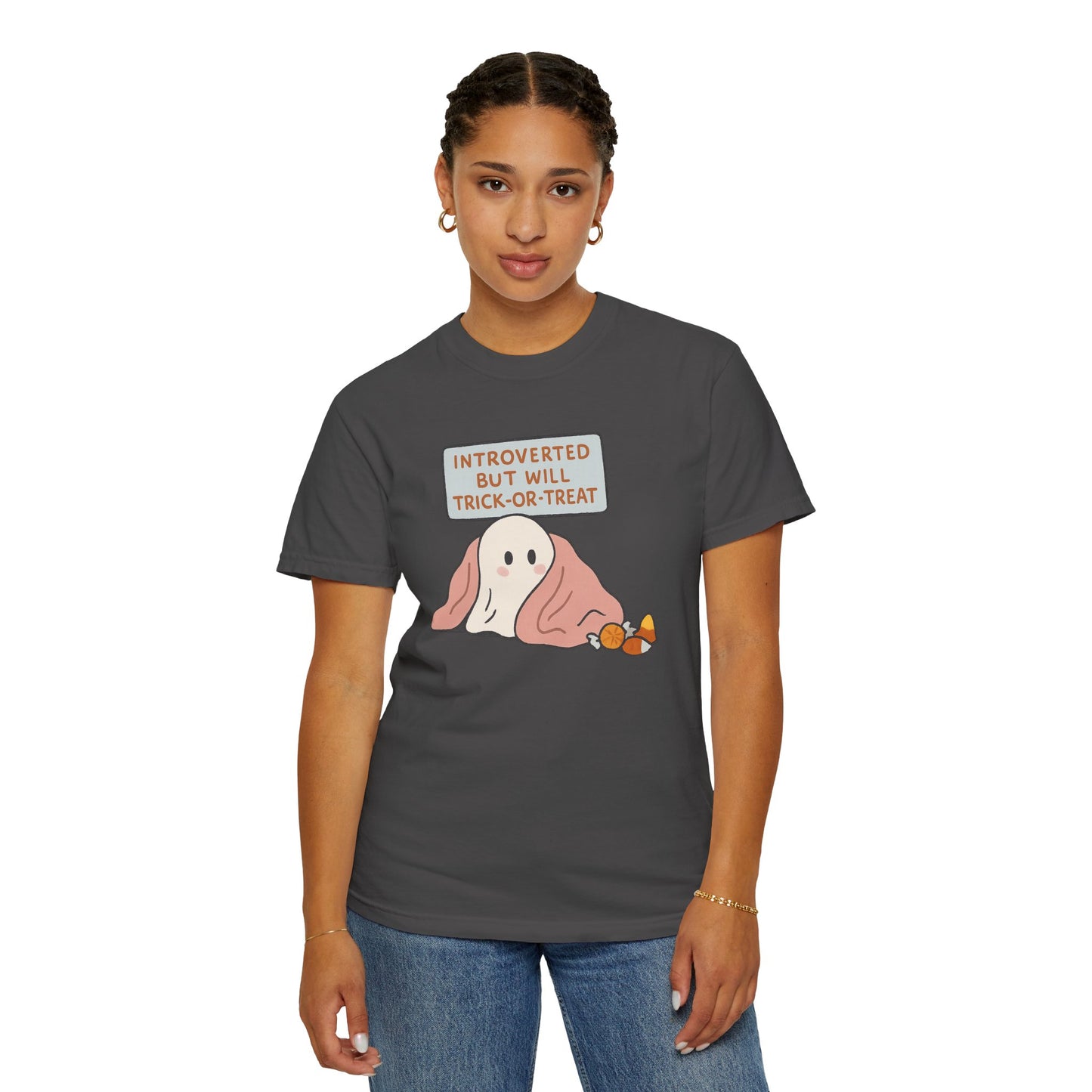 "Introverted But Will Trick or Treat" Unisex Halloween Tee, Funny Trick-or-Treat Shirt, Spooky Season Apparel, Gift for Introverts