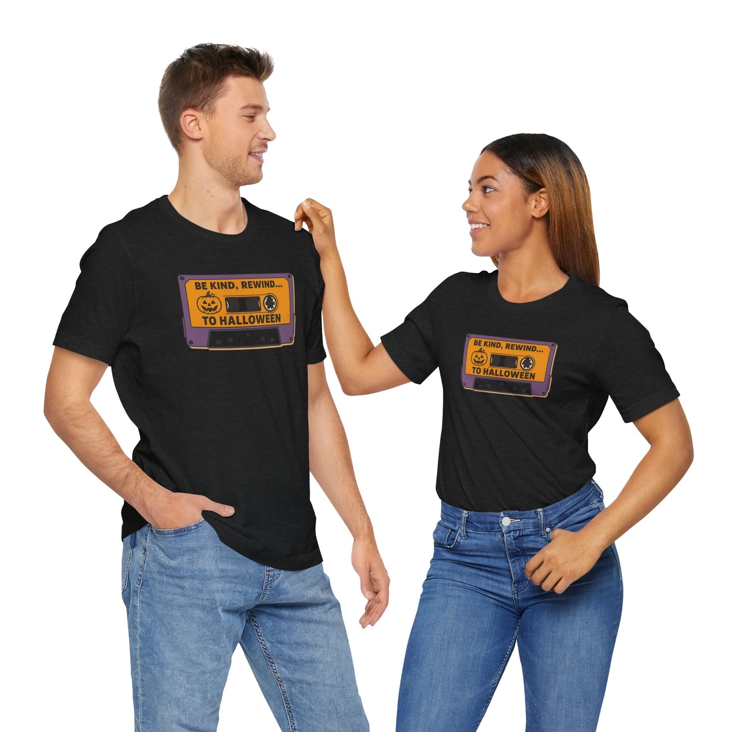 "Be Kind, Rewind to Halloween" T-Shirt, Unisex Casual Wear, Spooky Season Top, Vintage Style Shirt