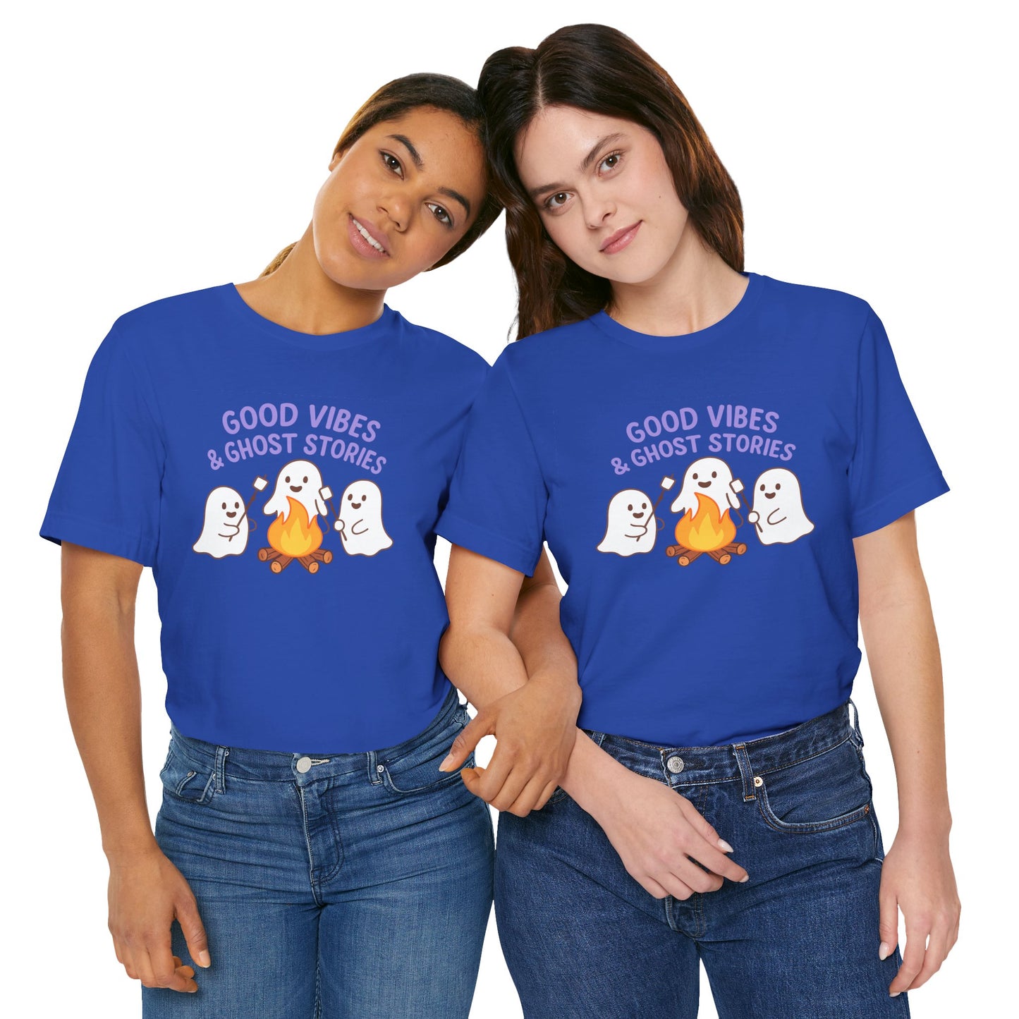 "Good Vibes & Ghost Stories" Unisex Jersey Short Sleeve Shirt for Halloween, Campfire Nights, Cozy Gatherings, Spirit Enthusiasts
