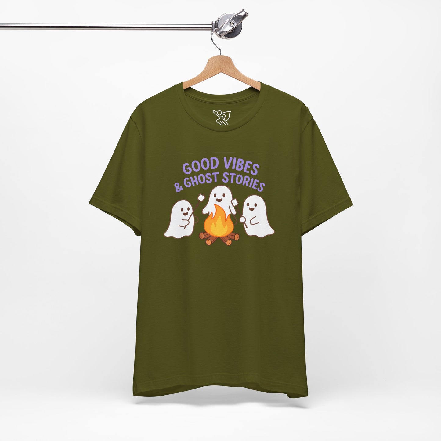 "Good Vibes & Ghost Stories" Unisex Jersey Short Sleeve Shirt for Halloween, Campfire Nights, Cozy Gatherings, Spirit Enthusiasts