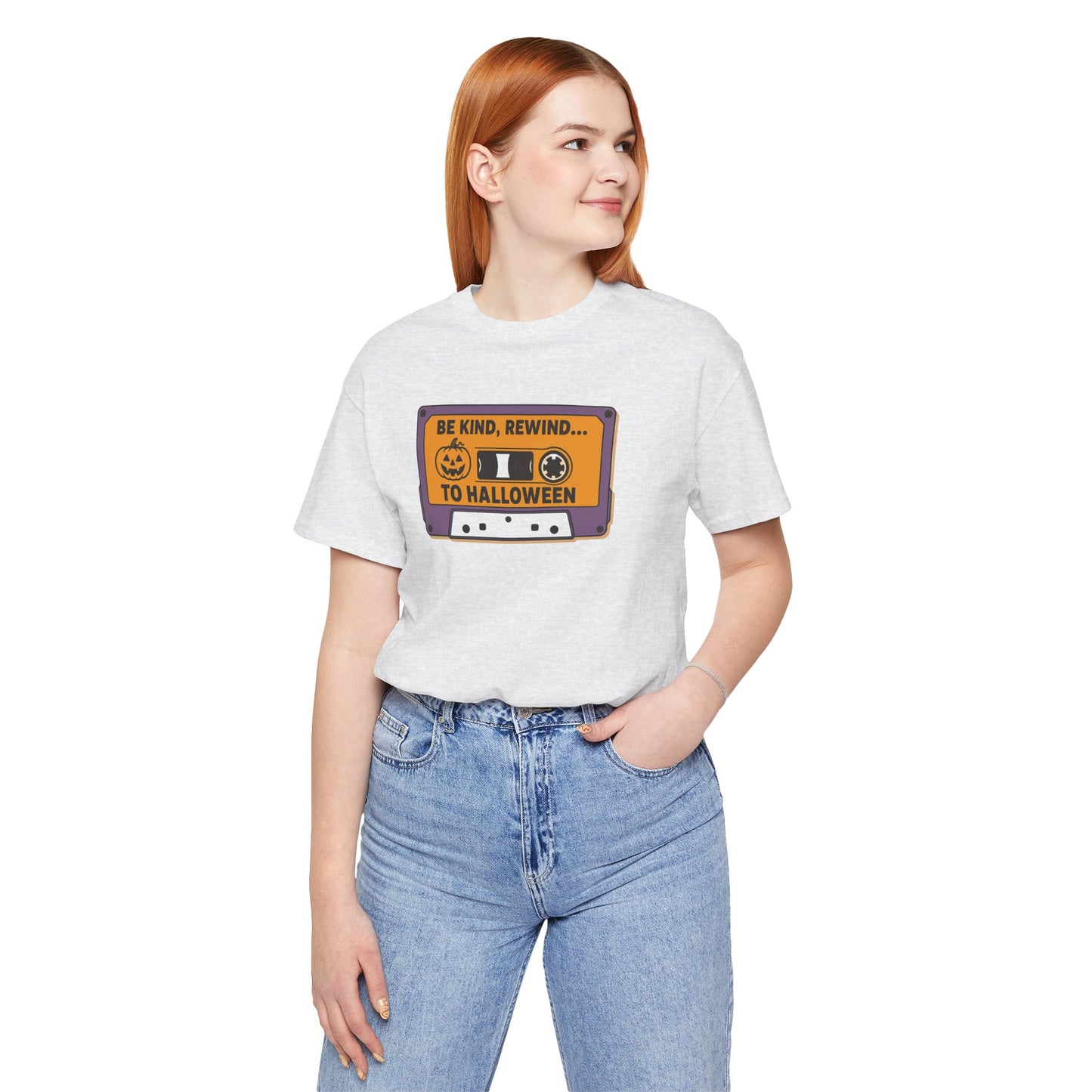 "Be Kind, Rewind to Halloween" T-Shirt, Unisex Casual Wear, Spooky Season Top, Vintage Style Shirt