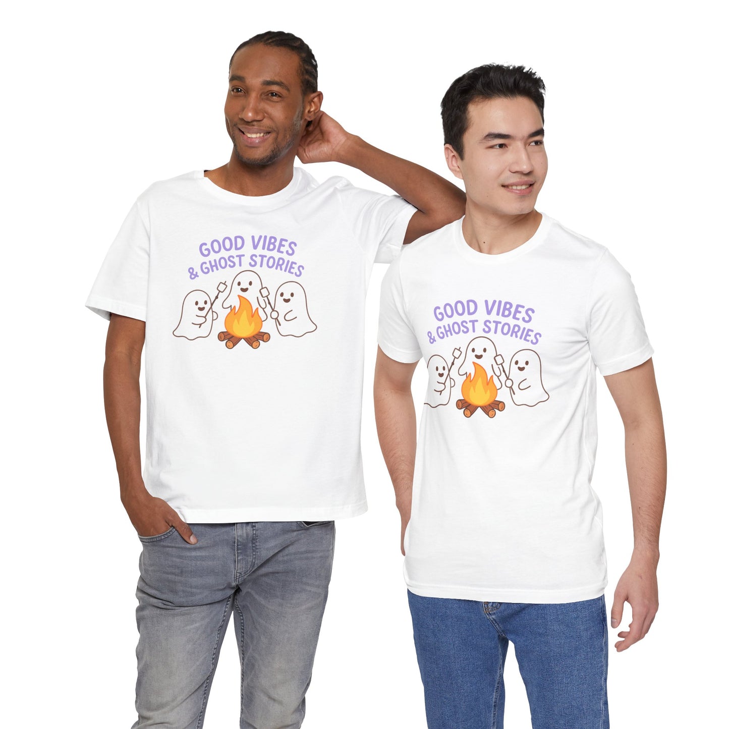 "Good Vibes & Ghost Stories" Unisex Jersey Short Sleeve Shirt for Halloween, Campfire Nights, Cozy Gatherings, Spirit Enthusiasts