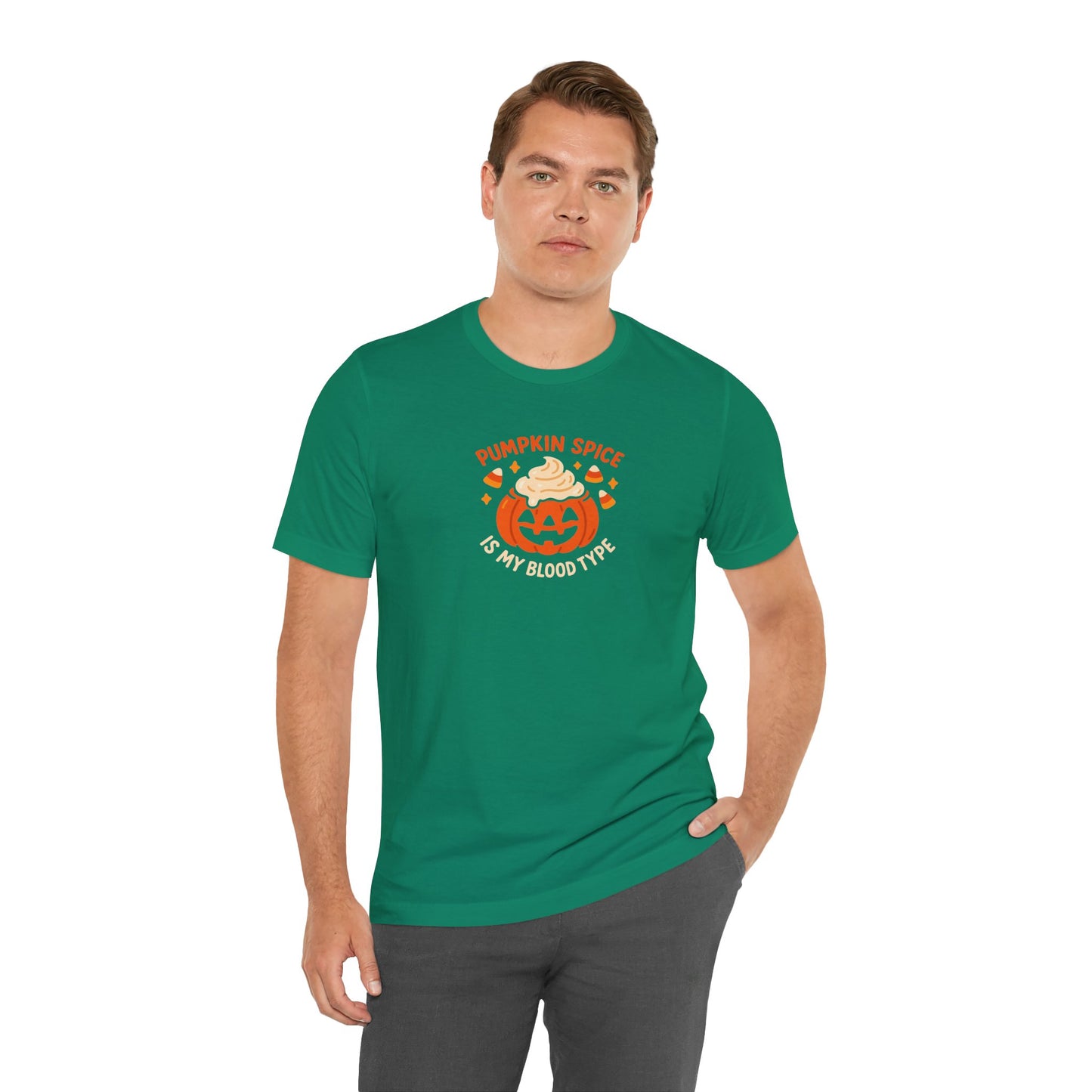 "Pumpkin Spice is My Blood Type" Short Sleeve Tee Fall Fashion, Halloween Shirt, Coffee Lover Gift, Autumn Wardrobe, Seasonal Tee