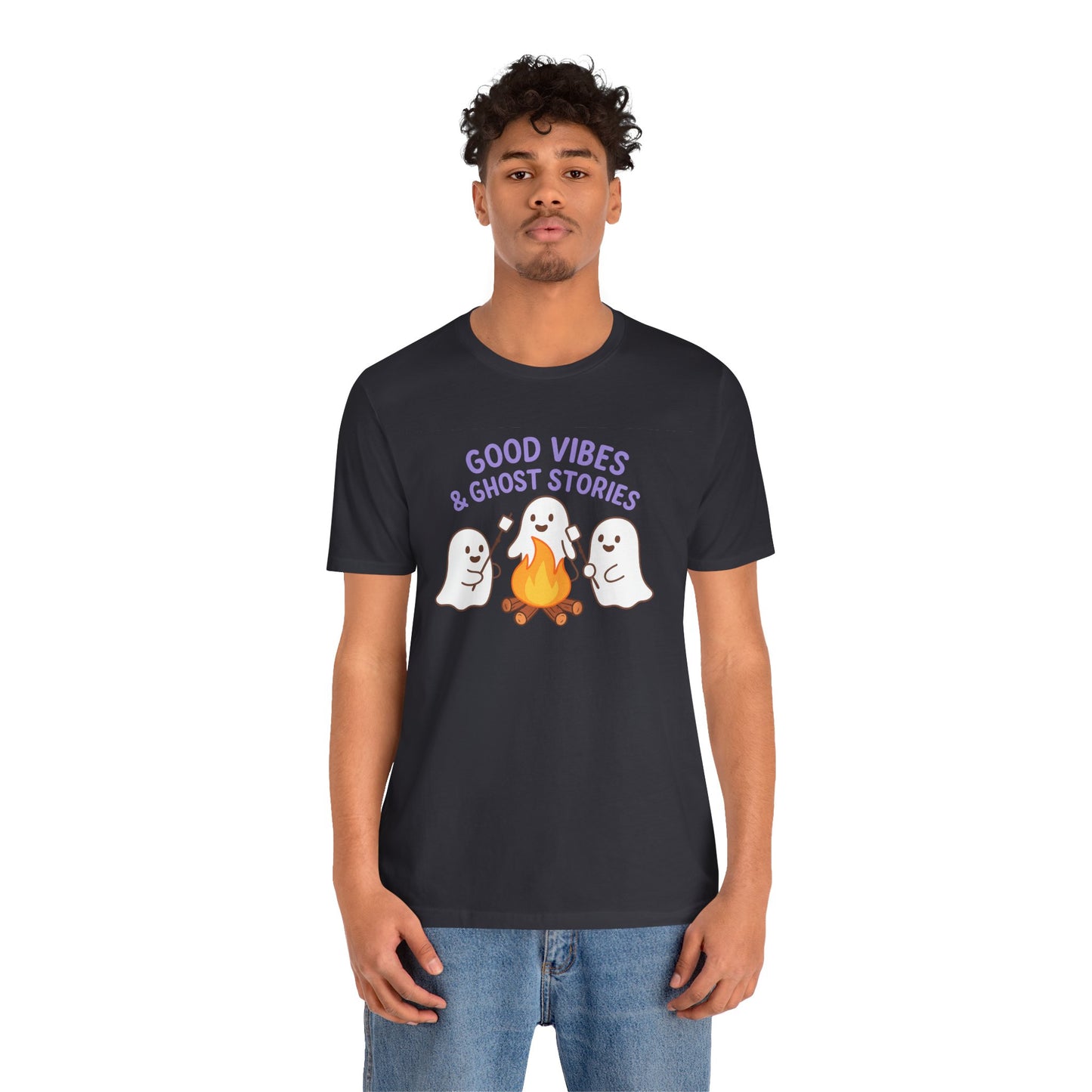 "Good Vibes & Ghost Stories" Unisex Jersey Short Sleeve Shirt for Halloween, Campfire Nights, Cozy Gatherings, Spirit Enthusiasts