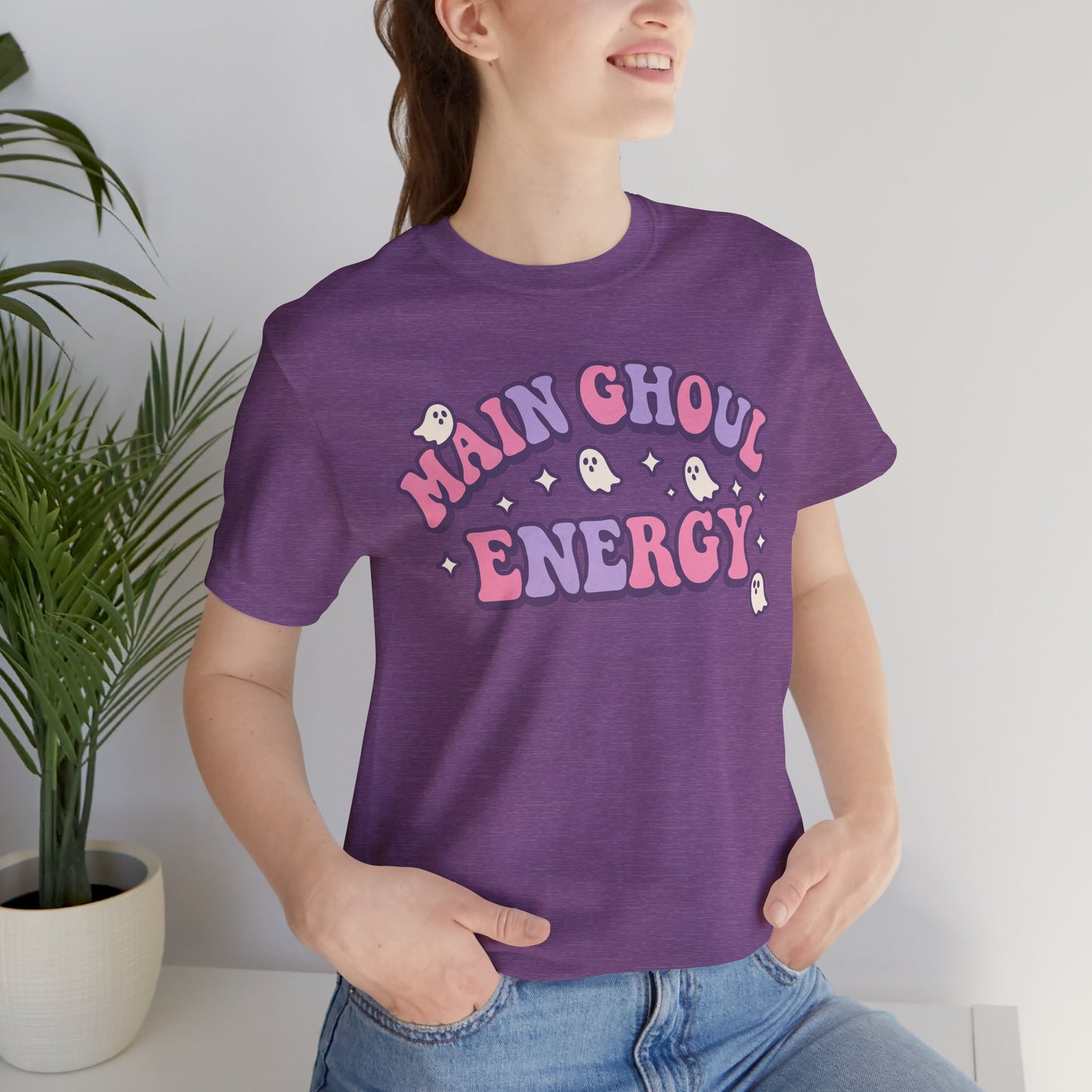 "Main Ghoul Energy" Unisex Short Sleeve T-Shirt, Halloween Party Shirt, Cute Graphic Tee, Gift for Ghost Lovers, Trendy Casual Wear